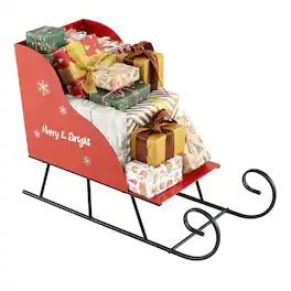Gymax - Metal Christmas Santa Sleigh Basket Festive Decorative Sleigh Cart Holiday Black - Red