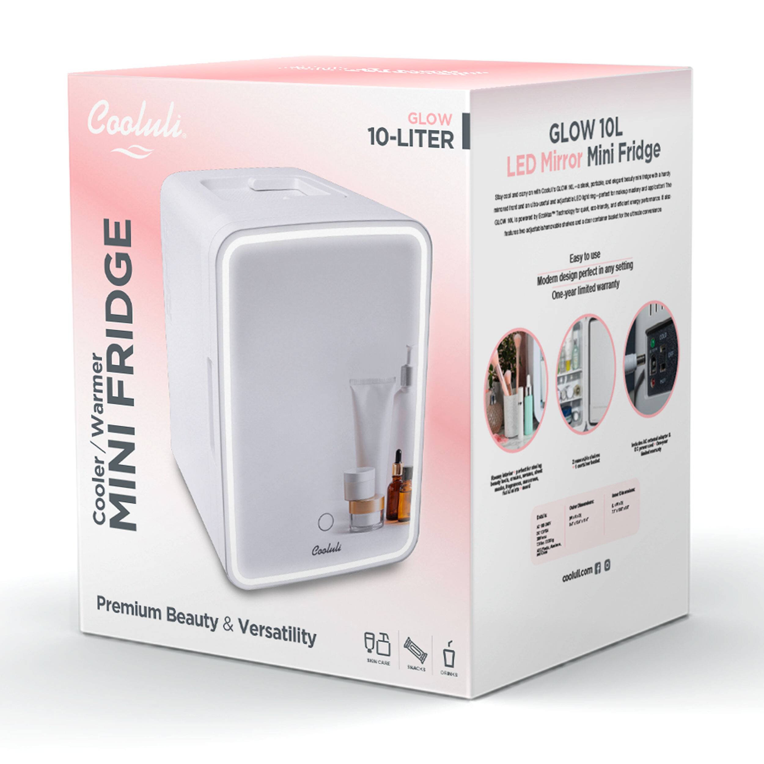 Cooluli GLOW 10-LITER Warmer MINI FRIDGE Cooluli Premium Beauty & Versatility 10-LITER LED Mirror Mini Fridge "Easy to Use - Modern Design - Limited Warranty - One-Year Guarantee - Buy Now at Cooluli.com"