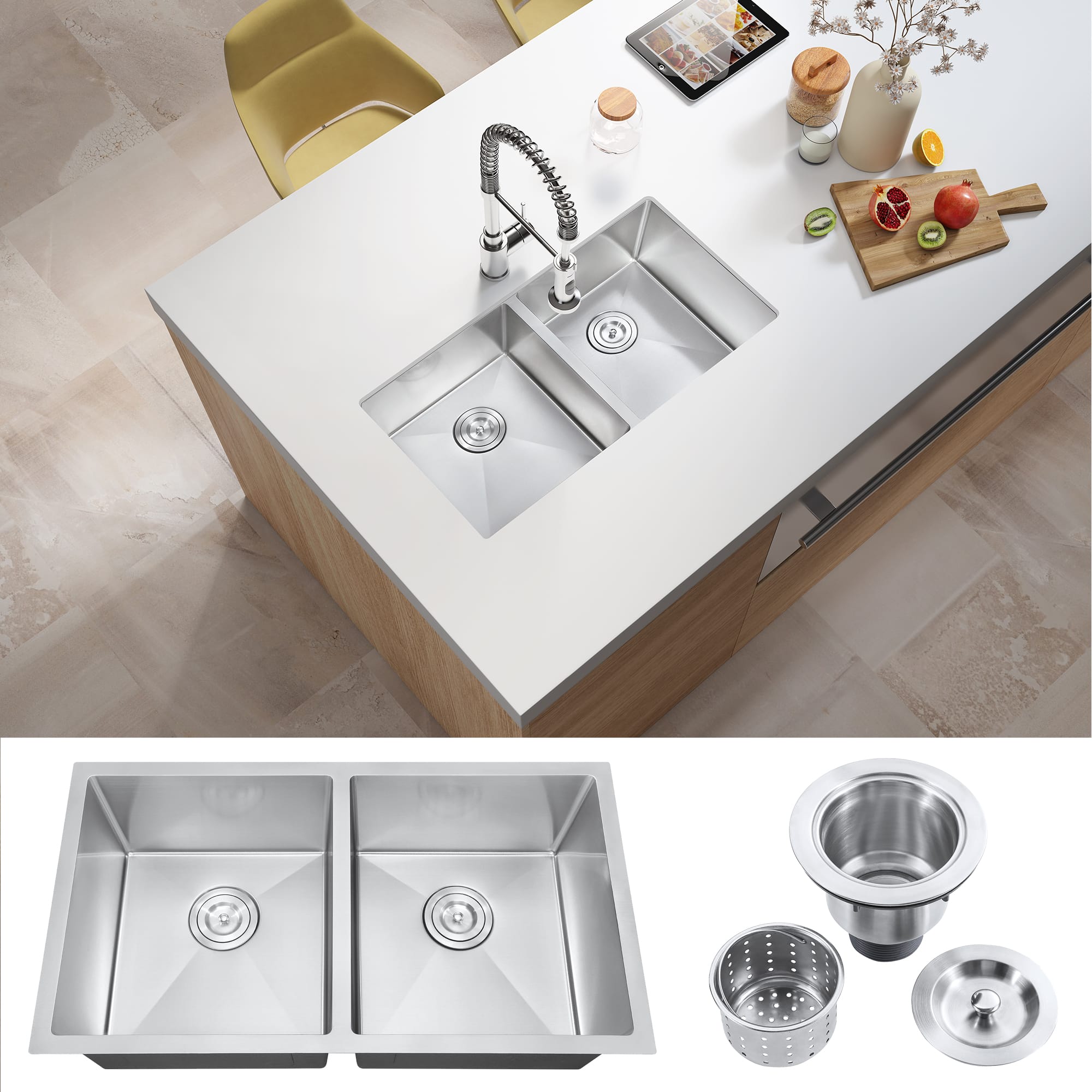 Akicon - 32 in. Undermount Double Bowl 20-Gauge Nano Kitchen Sink with Basket Strainer - Silver