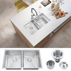 Front. Akicon - Akicon 32 in. Undermount Double Bowl 20-Gauge Silver Nano Kitchen Sink with Basket Strainer - Silver.