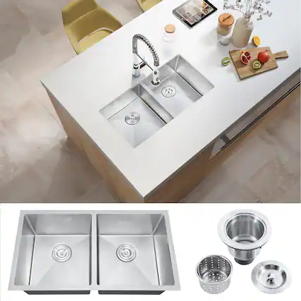 Front. Akicon - Akicon 32 in. Undermount Double Bowl 20-Gauge Silver Nano Kitchen Sink with Basket Strainer - Silver.