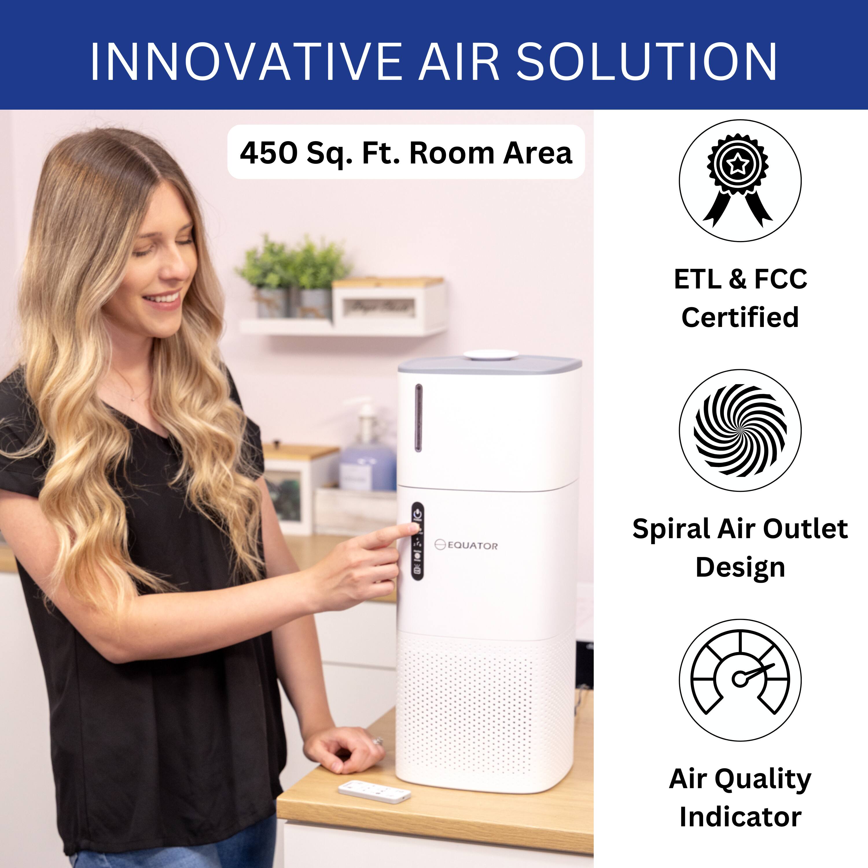 INNOVATIVE AIR SOLUTION

450 Sq. Ft. Room Area

ETL & FCC Certified

Spiral Air Outlet Design

Air Quality Indicator