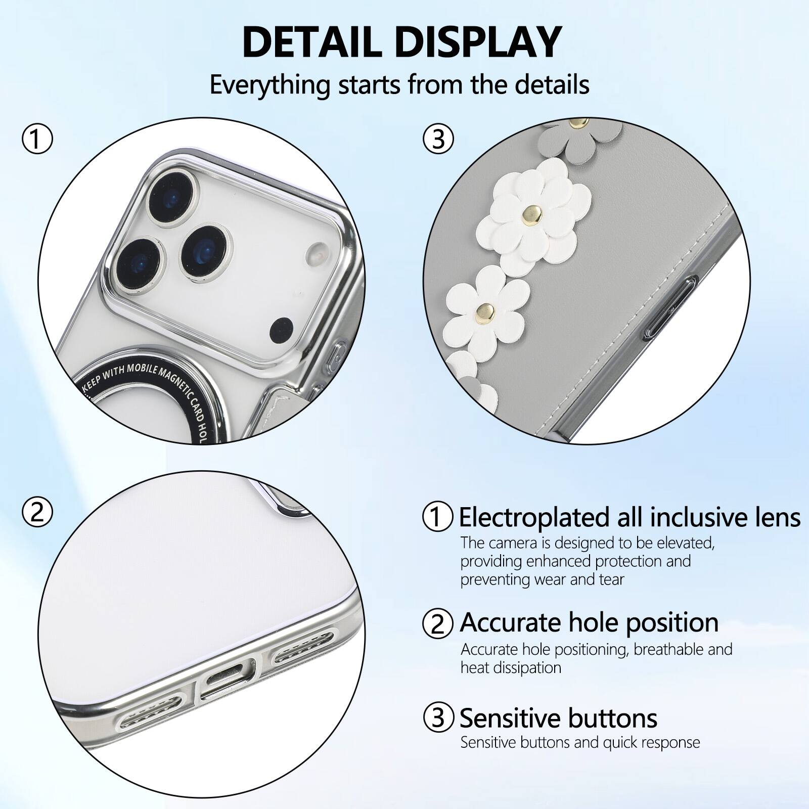 DETAIL DISPLAY  
Everything starts from the details  

1. Electroplated all inclusive lens  
The camera is designed to be elevated, providing enhanced protection and preventing wear and tear  

2. Accurate hole position  
Accurate hole positioning, breathable and heat dissipation  

3. Sensitive buttons  
Sensitive buttons and quick response