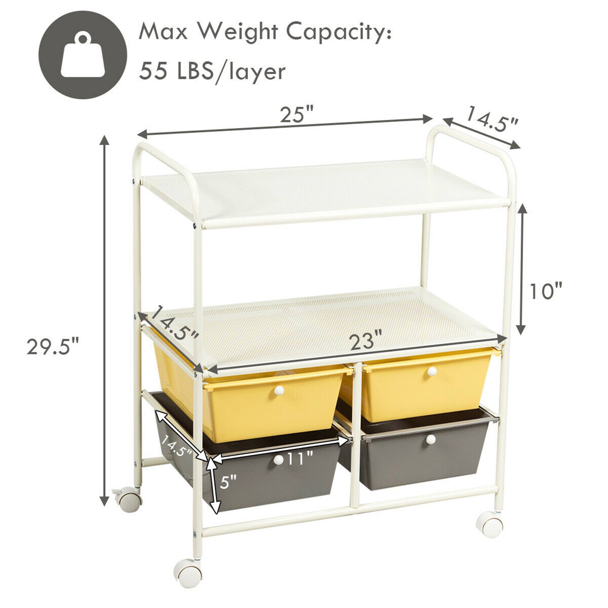 Max Weight Capacity: 55 LBS/layer

Dimensions:
- Height: 29.5"
- Width: 25"
- Depth: 14.5"
- Shelf Height: 10"
- Drawer Width: 23"
- Drawer Depth: 14.5"
- Drawer Height: 5"
- Bottom Shelf Height: 11"