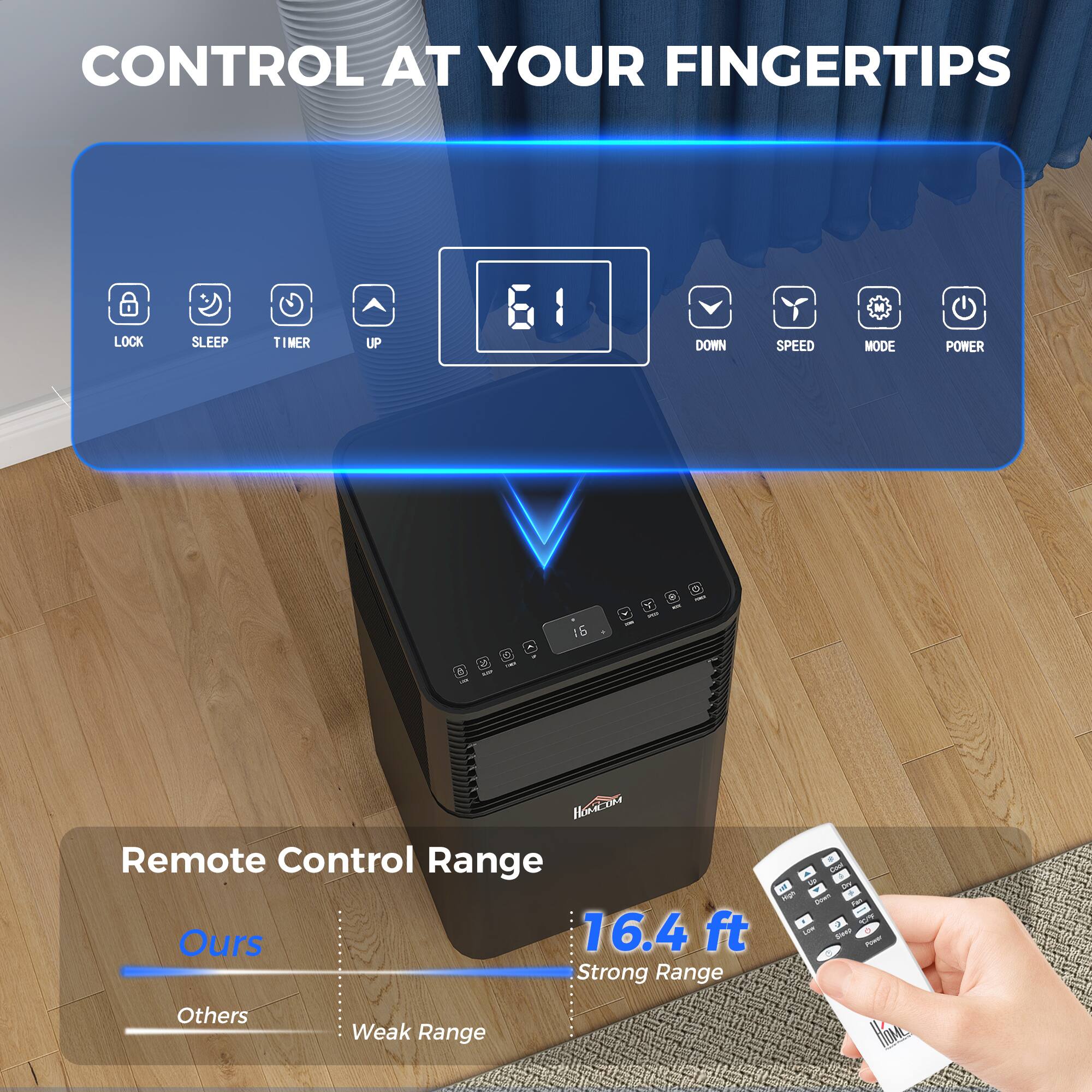 CONTROL AT YOUR FINGERTIPS

LOCK SLEEP TIMER UP DOWN SPEED MODE POWER

Remote Control Range

Ours 16.4 ft Strong Range

Others Weak Range