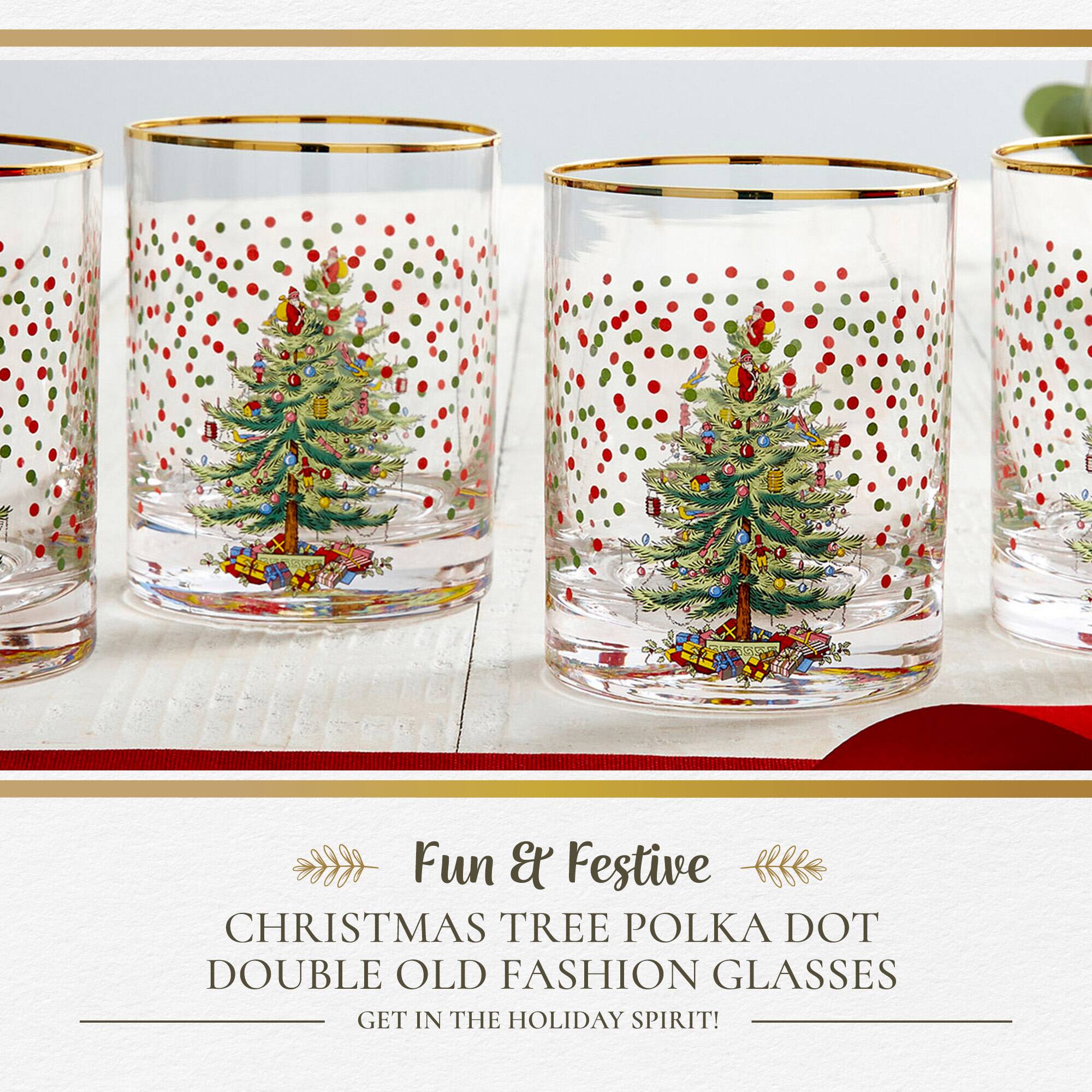 Fun & Festive CHRISTMAS TREE POLKA DOT DOUBLE OLD FASHION GLASSES GET IN THE HOLIDAY SPIRIT!