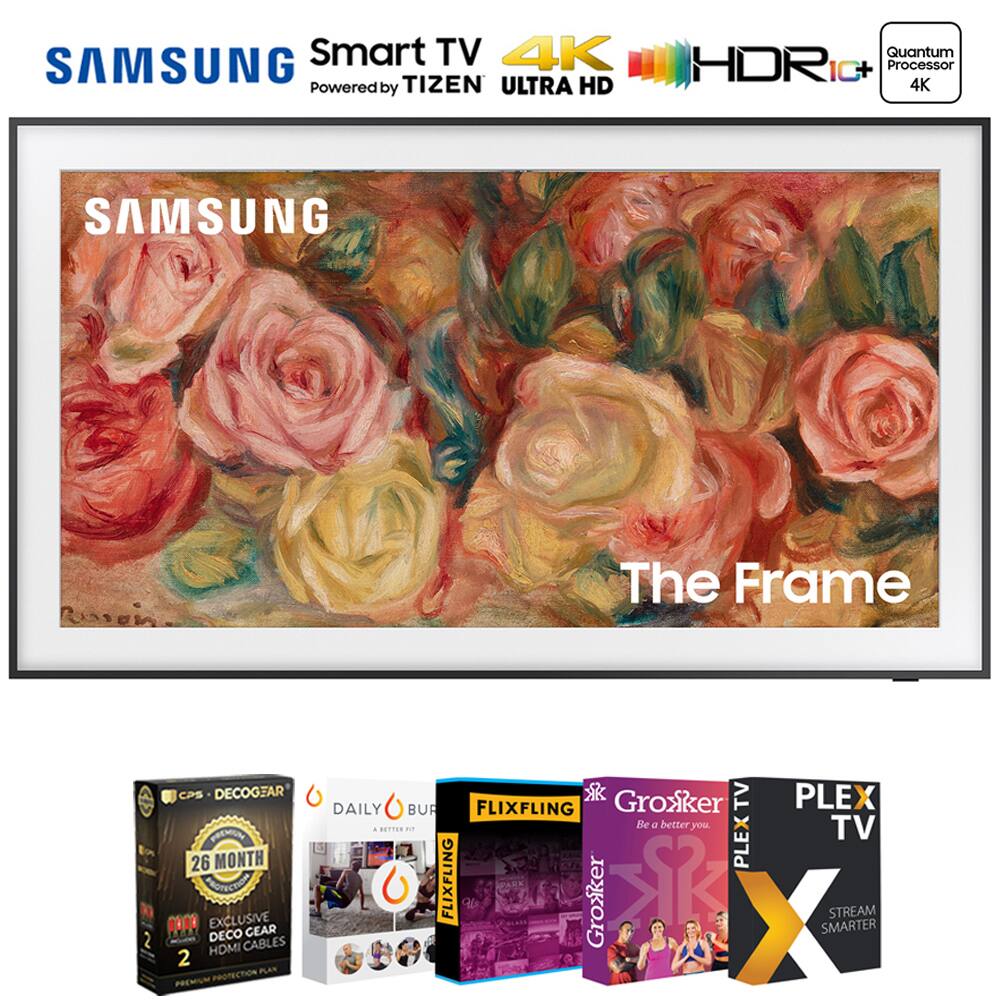 SAMSUNG Smart TV  
Powered by TIZEN  
4K ULTRA HD  
HDR IG+  
Quantum Processor 4K  

The Frame  

CPS DECOGEAR  
26 MONTH  
EXCLUSIVE DECO CEAR HDMI CABLES  

DAILY BUR  
FLIXFLING  

Groxker  
Be a better you  

PLEX TV  
STREAM SMARTER
