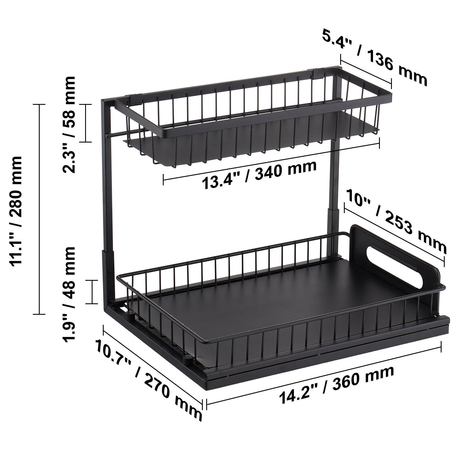 Here is the corrected and grouped text:

- 280 mm / 11.1"
- 58 mm / 2.3"
- 340 mm / 13.4"
- 48 mm / 1.9"
- 360 mm / 14.2"
- 270 mm / 10.7"