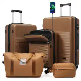 Ecooso - 5-Piece ABS Luggage Set with Half-Open 20" Carry-On, USB Port, Double Spinner Wheels, TSA Locks, Bags - Brown