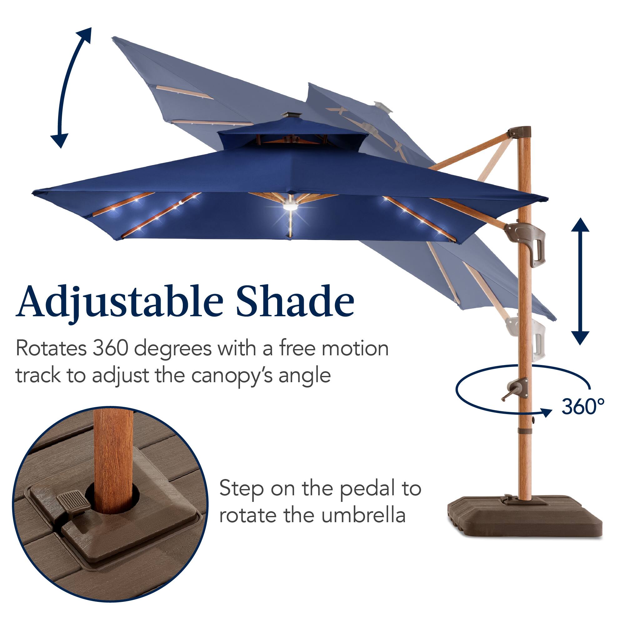 Adjustable Shade Rotates 360 degrees with a free motion track to adjust the canopy's angle. Step on the pedal to rotate the umbrella.