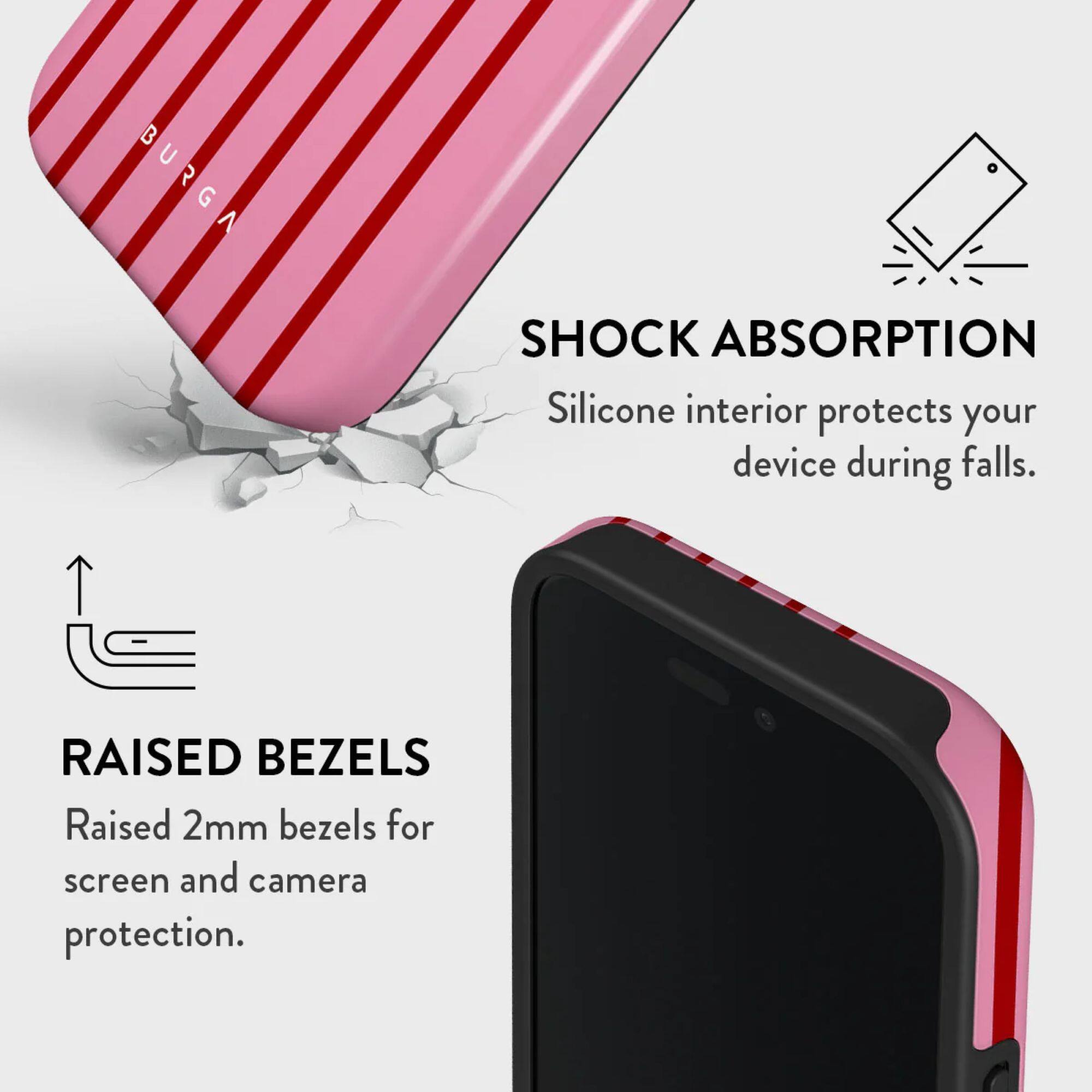 **SHOCK ABSORPTION**  
Silicone interior protects your device during falls.

**RAISED BEZELS**  
Raised 2mm bezels for screen and camera protection.