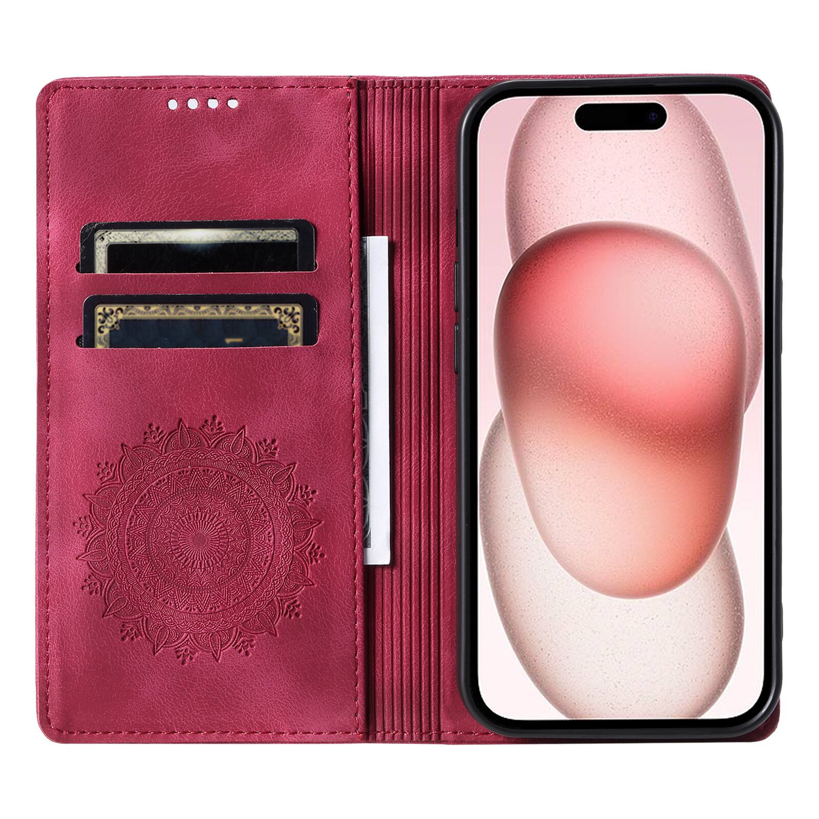 Left. Dteck - Magnetic Wallet Case For Apple iPhone 18 Pro Max, Shockproof Embossed Card Cash Pocket Stand PU Leather Cover - Red.