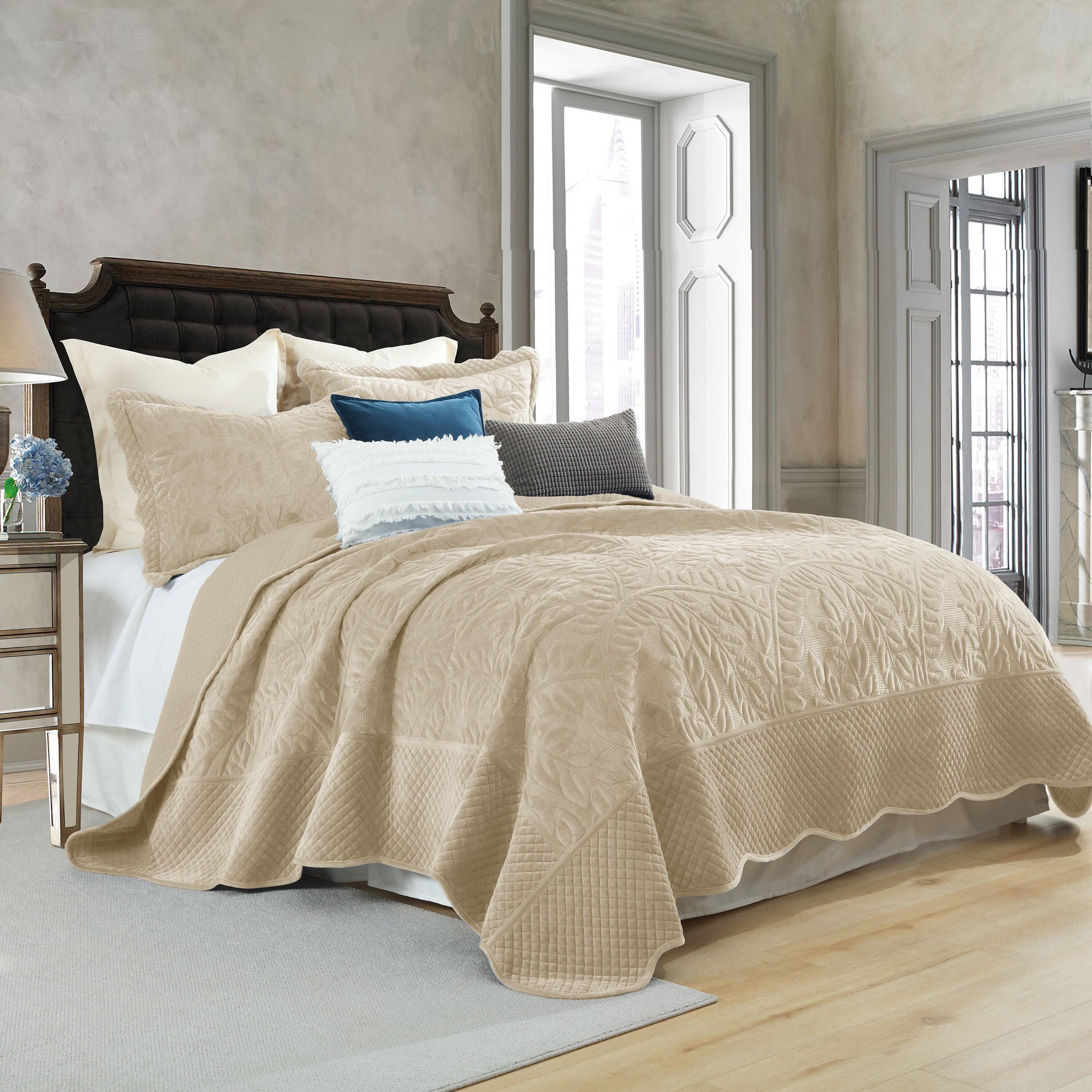Angle. MarCielo - Marcielo 3Pc Luxury Velvet Oversized Embroidery Soft and Plush Quilt Set - Beige Khaki.