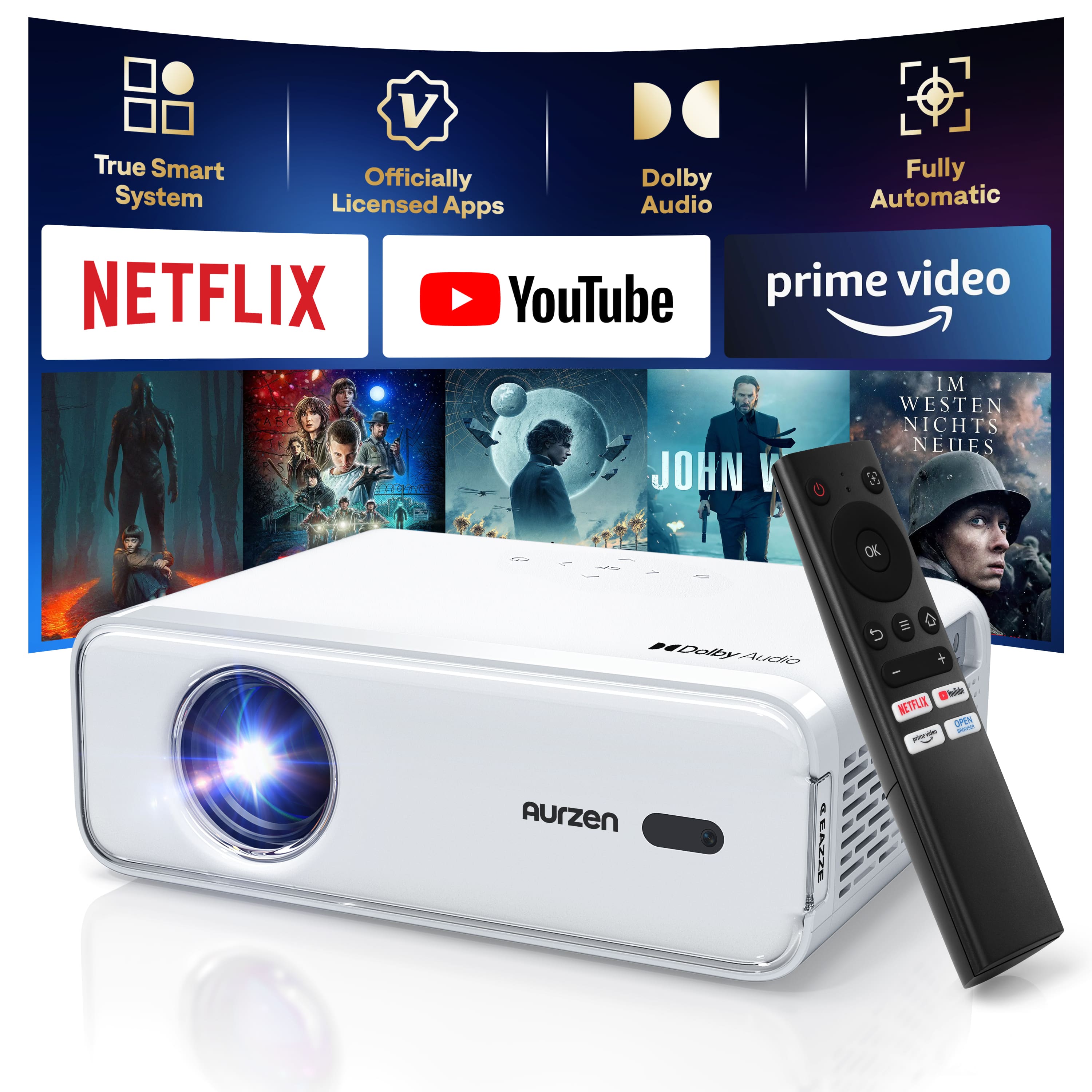 Aurzen - Smart Projector with WiFi and Bluetooth, 4K Support, Native 1080P, Official App, Auto Focus & Keystone, 16W Speakers - White
