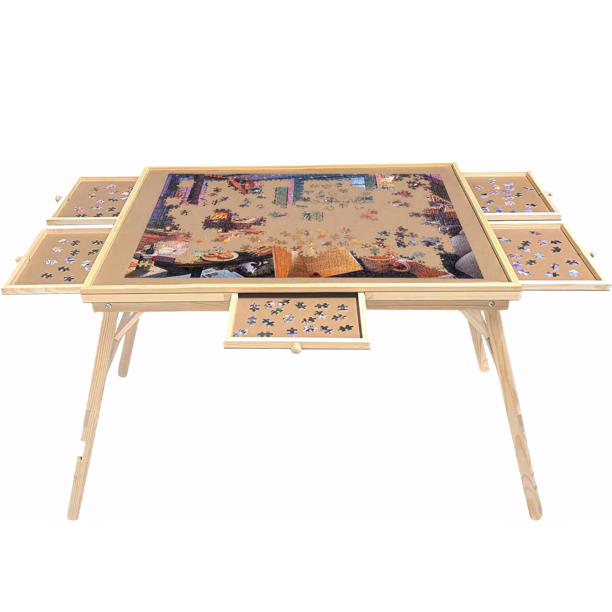 Angle. GOODSILO - Large Wooden Folding Puzzle Table with Storage Drawers and Legs for Adults, Ideal for 1500 Piece Jigsaw Puzzles - Natural.