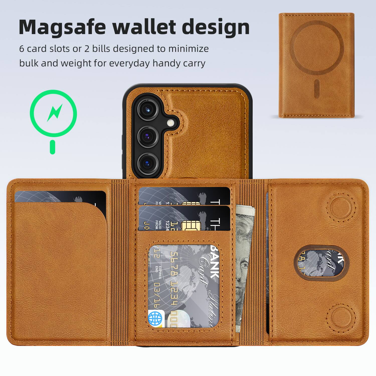 Magsafe wallet design  
6 card slots or 2 bills designed to minimize bulk and weight for everyday handy carry