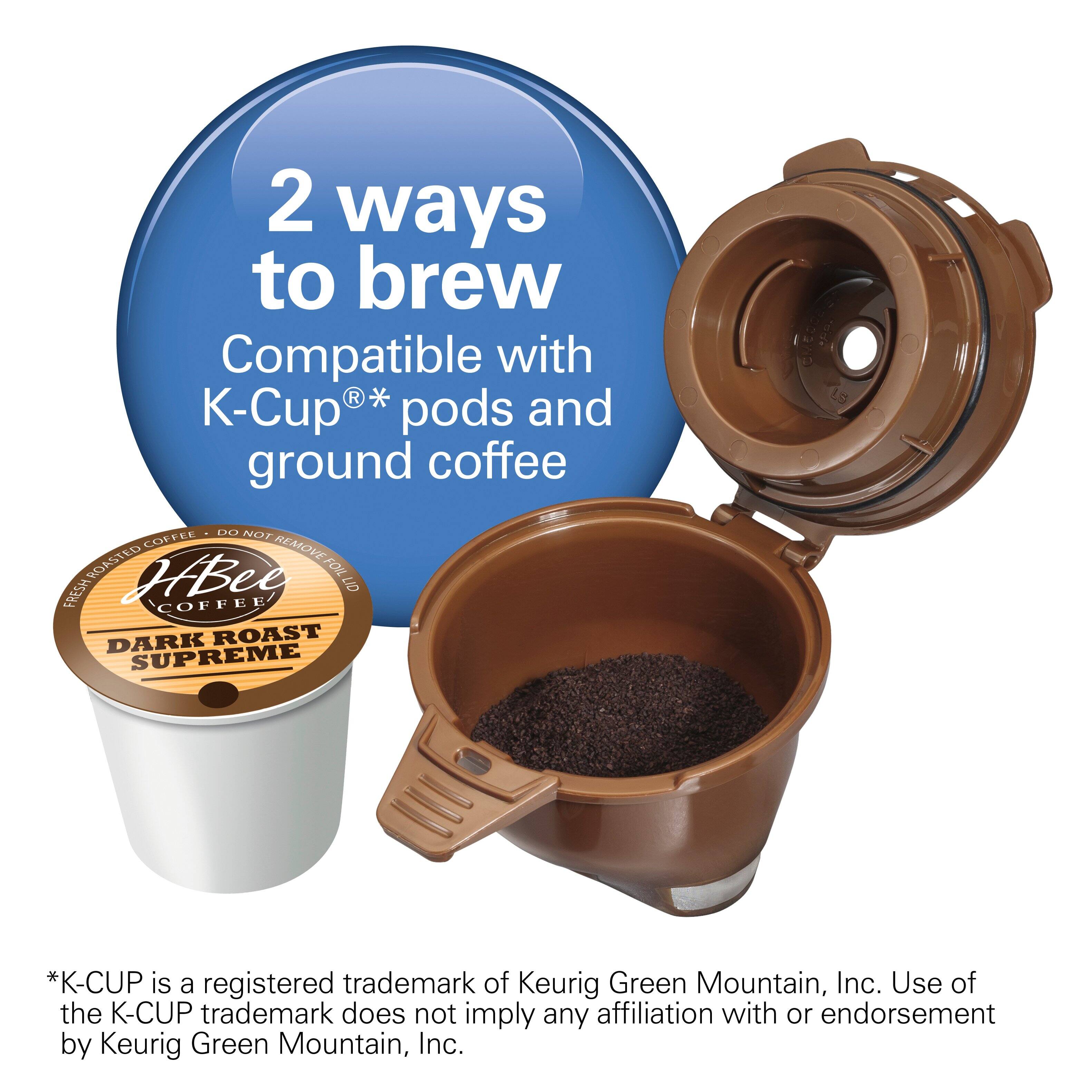 2 ways to brew  
Compatible with K-Cup® pods and ground coffee  

*COFFEE*  
DO NOT REMOVE ROASTED FOIL  

HBee COFFEE  
DARK ROAST SUPREME  

*K-CUP is a registered trademark of Keurig Green Mountain, Inc. Use of the K-CUP trademark does not imply any affiliation with or endorsement by Keurig Green Mountain, Inc.