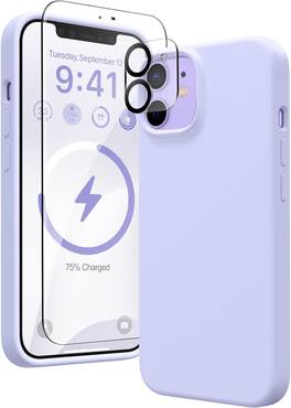 Entronix - iPhone 12 Mini Bundle - Liquid Silicone Case, Clear Screen & Camera Lens Protectors - Purple