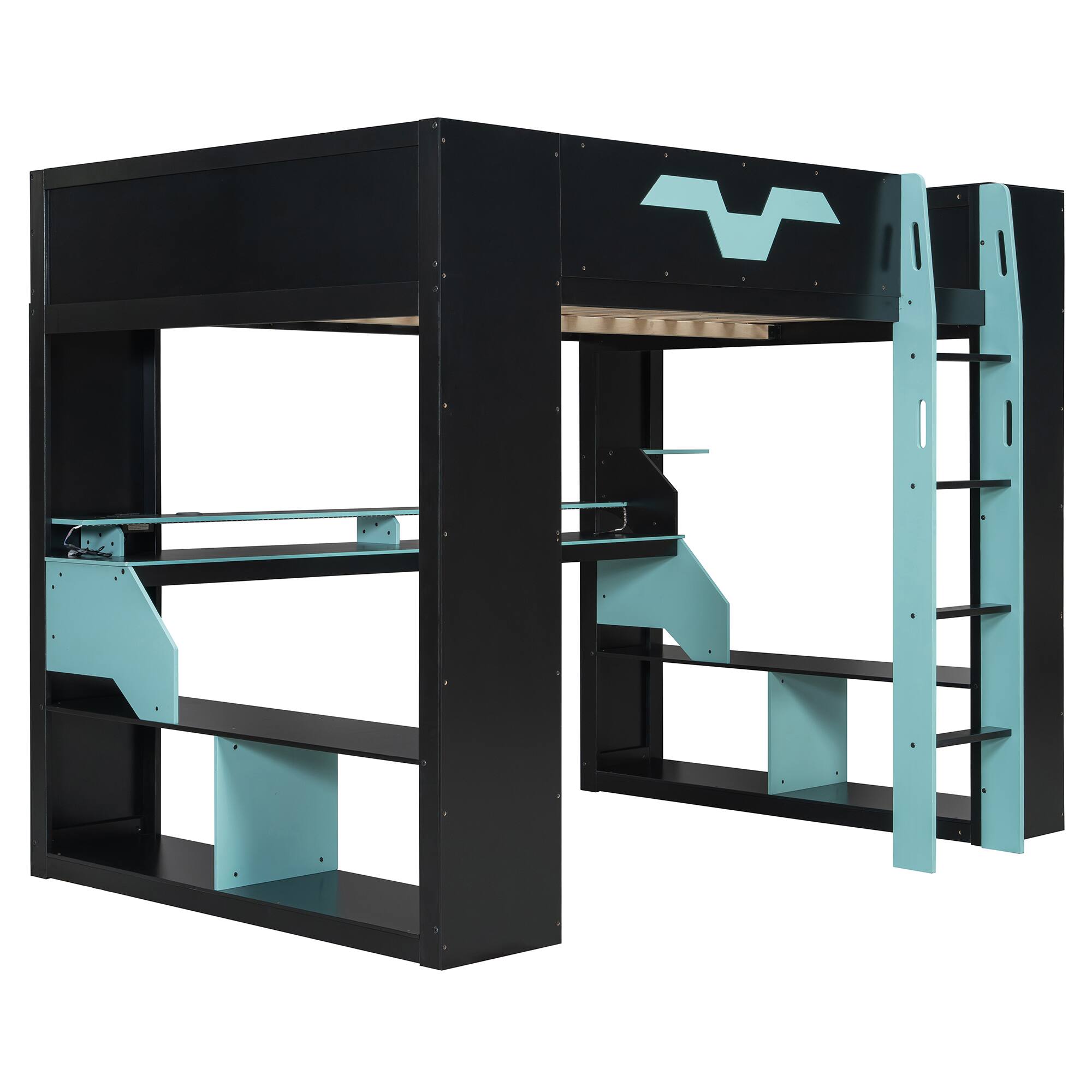 Alt View 4. Anysun - Full Size Wood Loft Bed with Power Outlet & USB/Type-C Ports, Integrated Cable Management, and RGB Light - Blue.