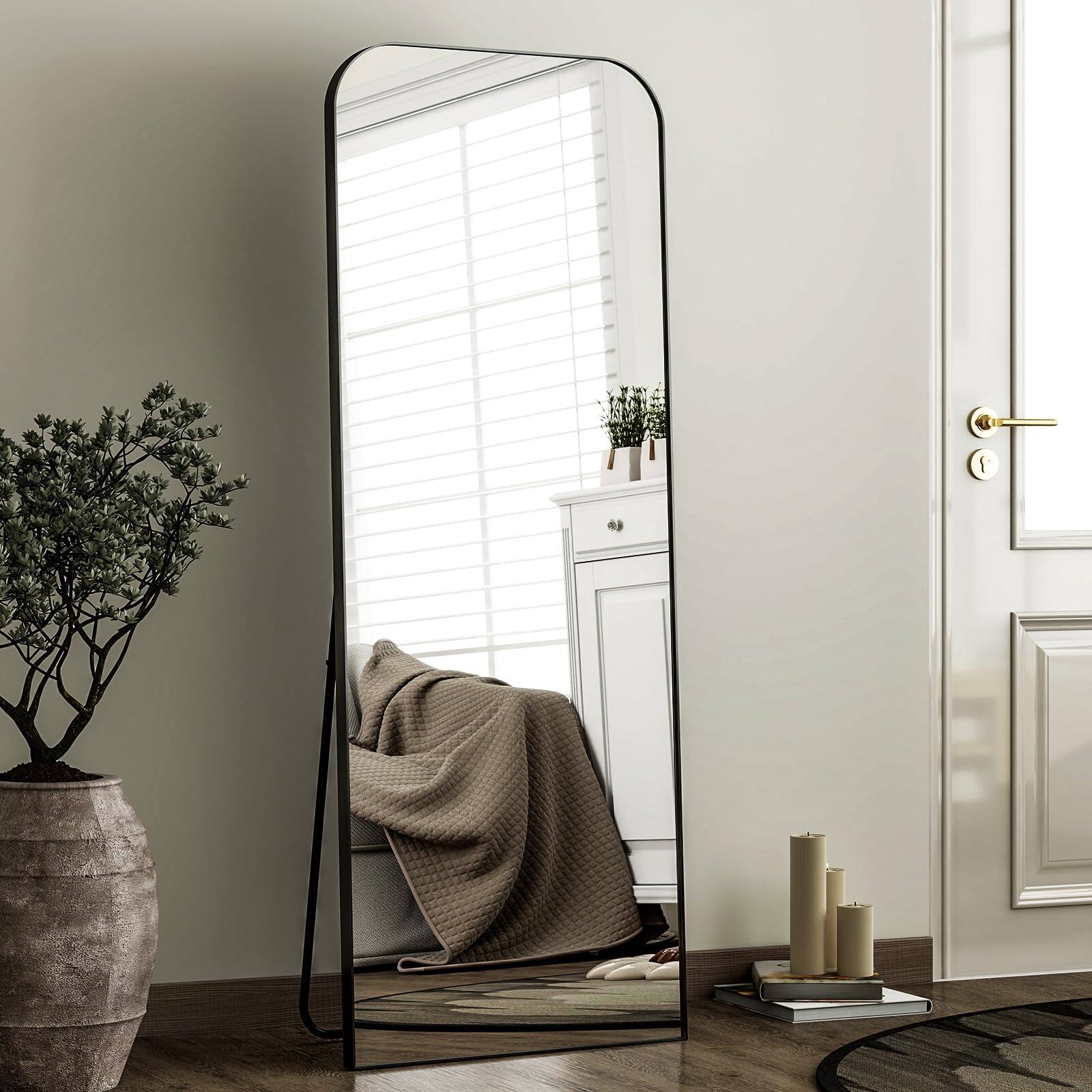 Alt View 1. Hanke - Full Length Mirror Rounded Corner Aluminum Frame Standing Hanging leaning Wall Floor With Stand For Living - Black 57"L x 20"W.