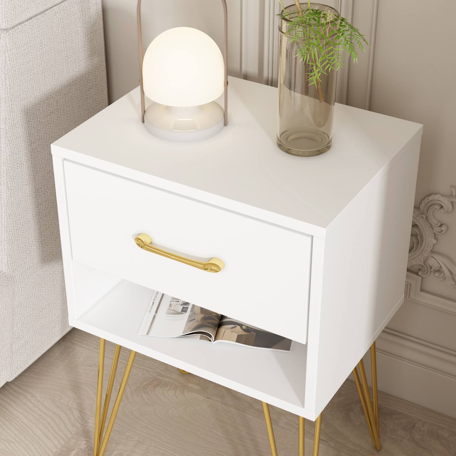 Alt View 1. FUFU & GAGA - FUFU&GAGA Nightstand with Gold Hairpin Legs: Modern Open - Shelf Storage - White.