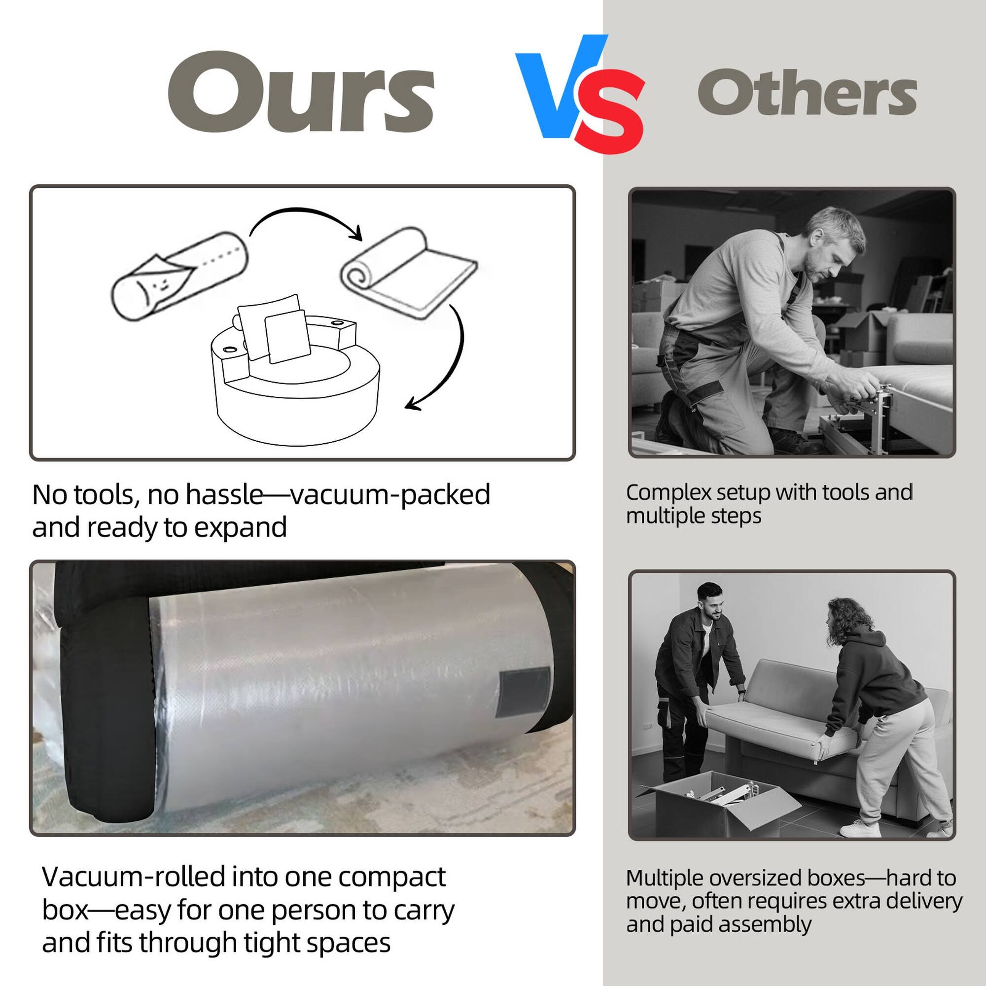 Ours VS Others

No tools, no hassle—vacuum-packed and ready to expand

Vacuum-rolled into one compact box—easy for one person to carry and fits through tight spaces

Complex setup with tools and multiple steps

Multiple oversized boxes—hard to move, often requires extra delivery and paid assembly