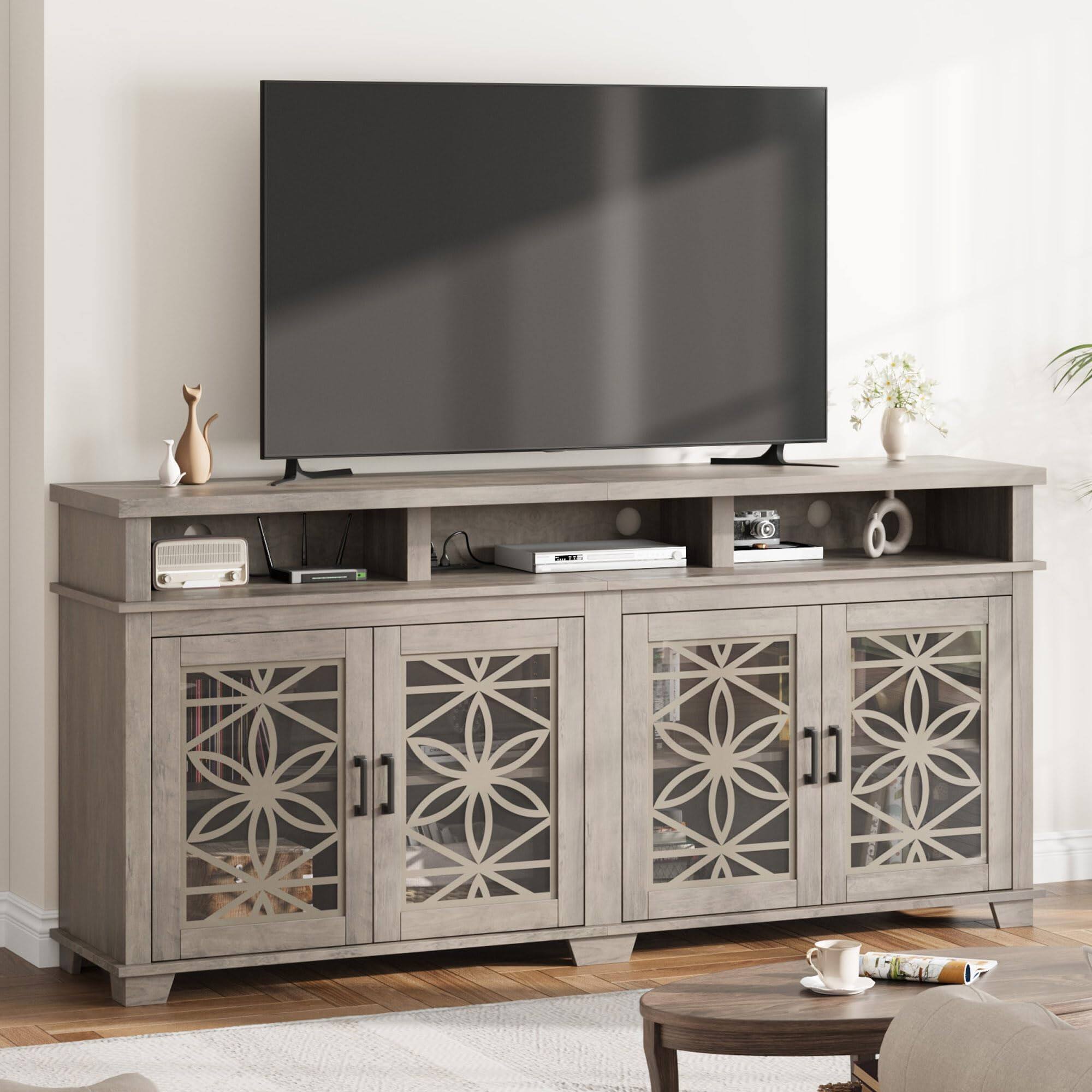 Front. Babevy - Farmhouse TV Stand for 80 Inch TV, Mid Century Modern Entertainment Center with LED Lights & Glass Doors - Grey.