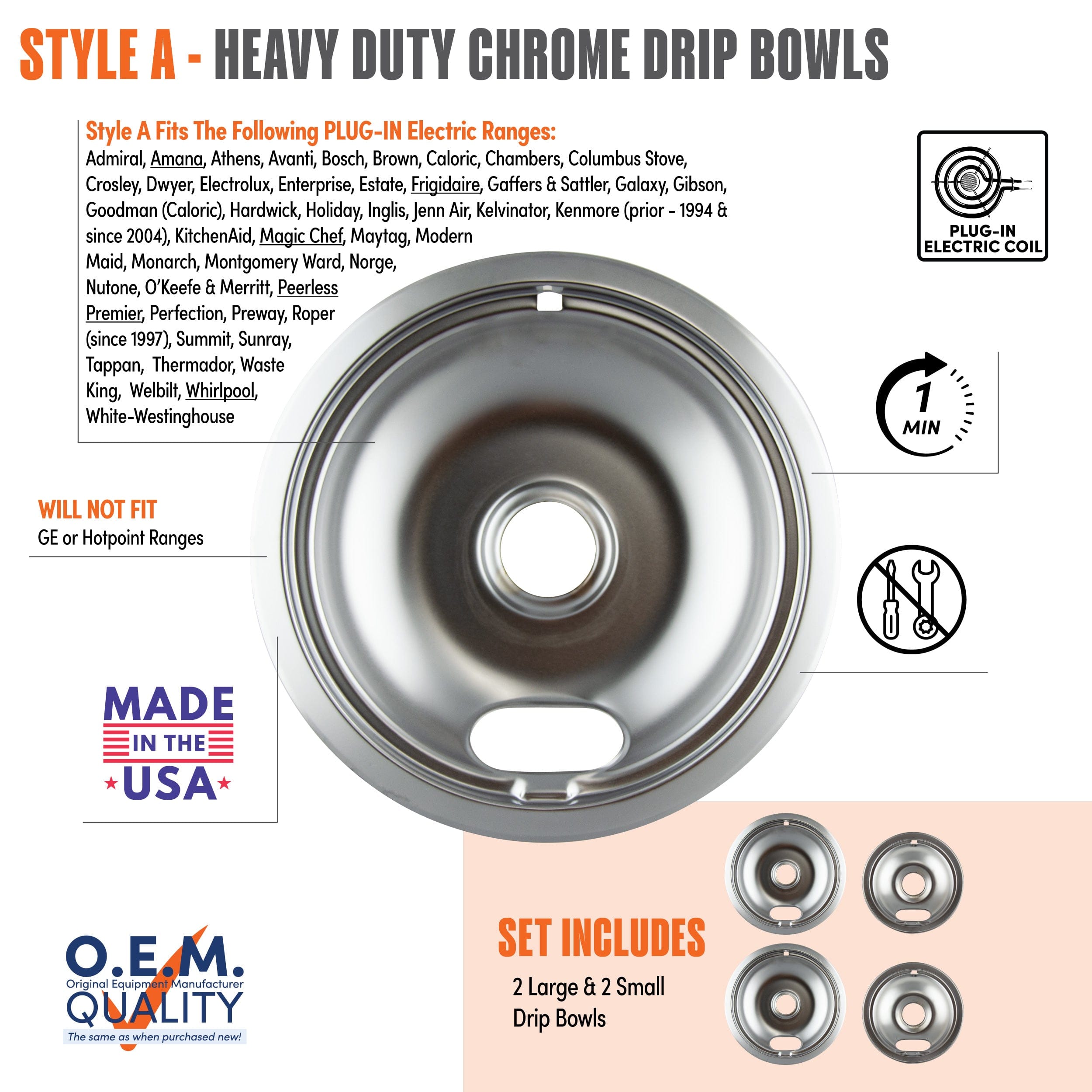 Range Kleen - 10124XN Style A 4pk Heavy Duty Chrome Drip Bowls, 2 Large and 2 Small