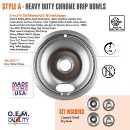 Range Kleen - 10124XN Style A 4pk Heavy Duty Chrome Drip Bowls, 2 Large and 2 Small