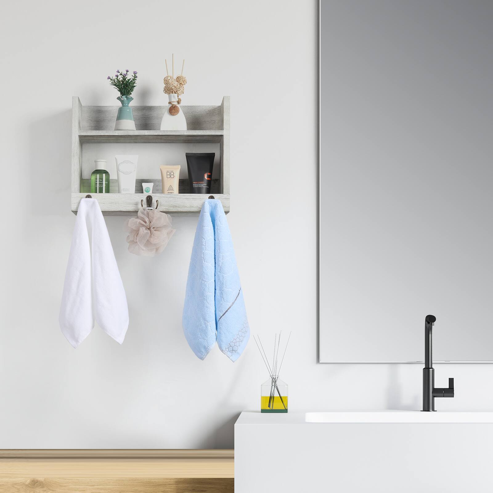 Alt View 3. Oumilen - Whitewashed Wall Mounted Storage Shelf with Hooks – Wooden Organizer for Kitchen Bathroom Entryway - Whitewashed.