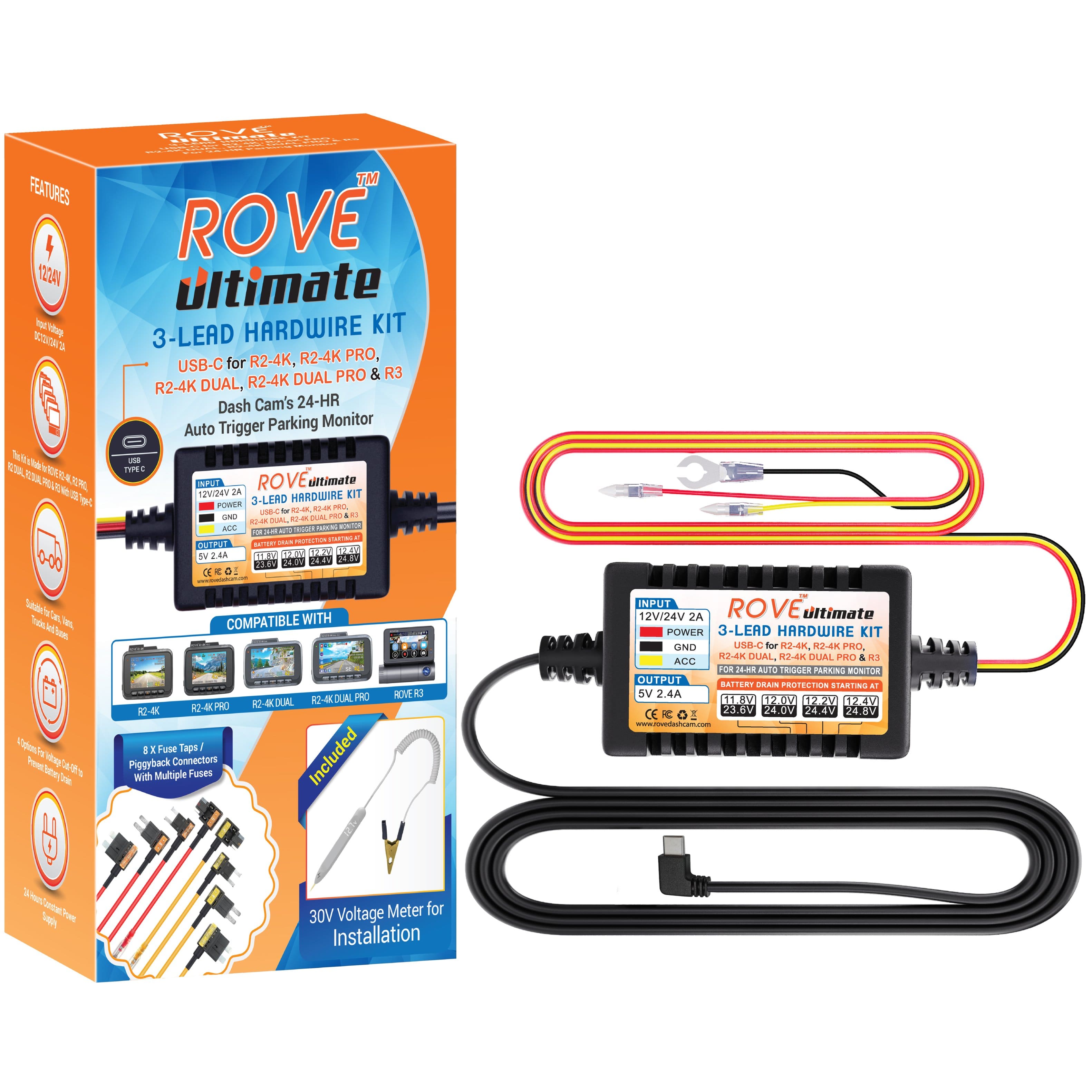 ROVE - Ultimate Dash Cam Hardwire Kit with USB-C Port for R2, R2 PRO, R2 DUAL, R2 DUAL PRO, and R3 Dash Camera Models - Black