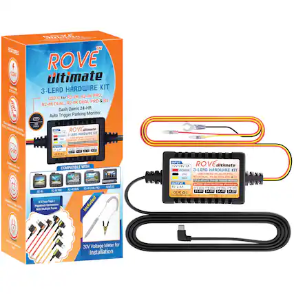 **Features:**
- Ultimate 3-Lead Hardwire Kit for R2-4K, R2-4K PRO, USB-C R3 Dual Pro & R2-4K Dual, R2-4K Dash Cam's 24-HR Parking Monitor Auto Trigger
- 12V/24V 2A Power
- Compatible with R2-4K, R2-4K PRO, R2-4K DUAL PRO, R2-4K DUAL
- Includes 8 Fuse Tap/Piggyback Connectors with Multiple Fuses
- 30V Voltage Meter for Installation
**Specifications:**
- Input: 12V/24V 2A
- Output: 5V 2.4A, 1.8V
- Voltage Range: 12.09V to 24.8V
- CE Certified
**Included:**
- 3-Lead Hardwire Kit
- Fuse Tap/Piggyback Connectors
- Voltage Meter
