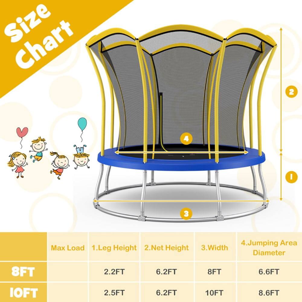 Size Chart

Jumping Area  
Max Load  
1. Leg Height  
2. Net Height  
3. Width  
4. Diameter  

8FT  
Max Load: 2.2FT  
Leg Height: 6.2FT  
Net Height: 8FT  
Width: 6.6FT  

10FT  
Max Load: 2.5FT  
Leg Height: 6.2FT  
Net Height: 10FT  
Width: 8.6FT