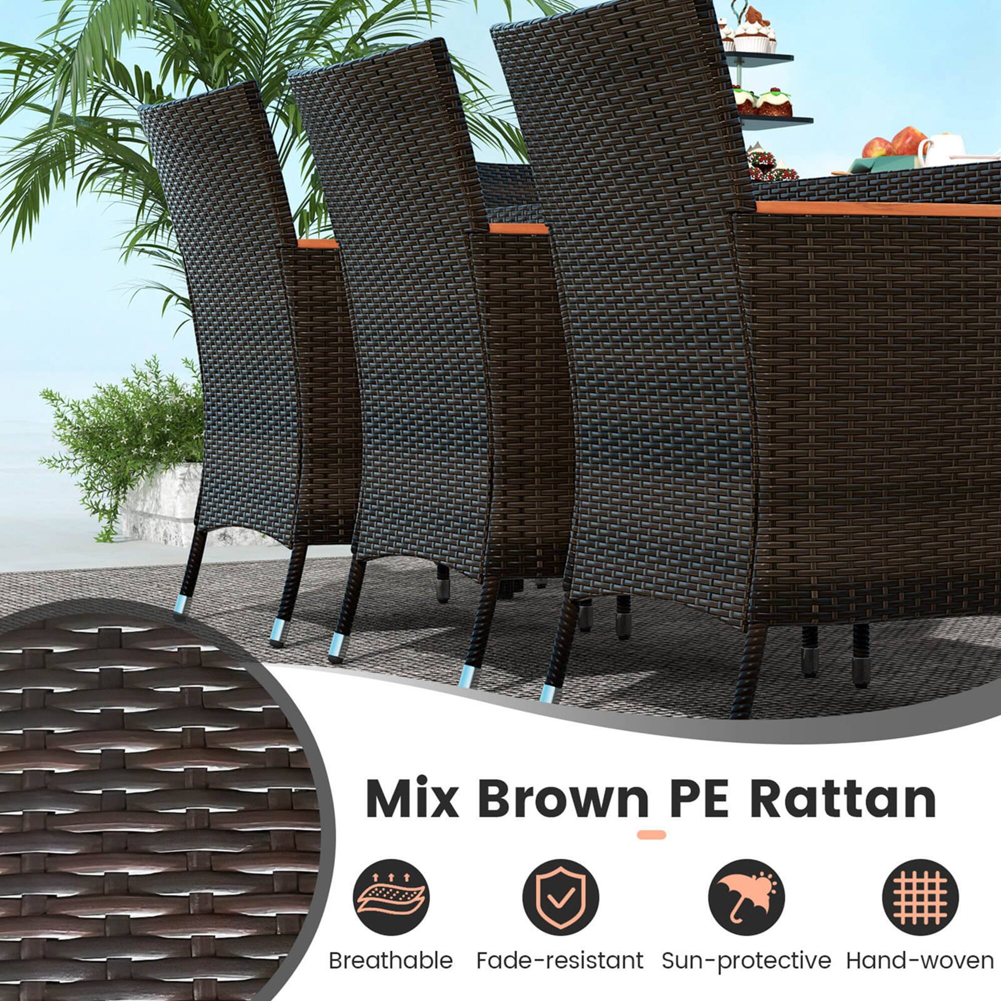 Mix Brown PE Rattan is a breathable, fade-resistant, sun-protective, and hand-woven outdoor furniture.