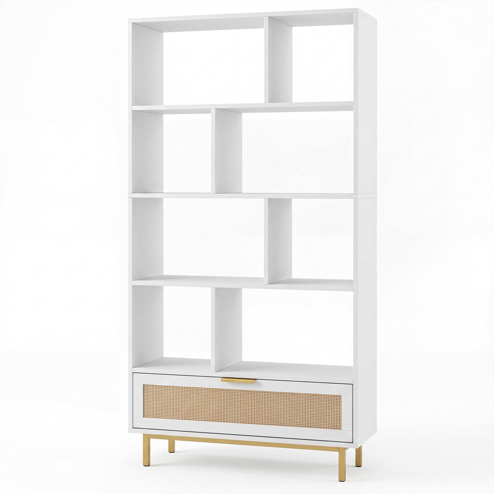 Alt View 9. Costway - Costway 64" Tall Wooden Bookcase, 6-Tier Bookshelf with 8 Open Cubes, Rattan Drawer - White.
