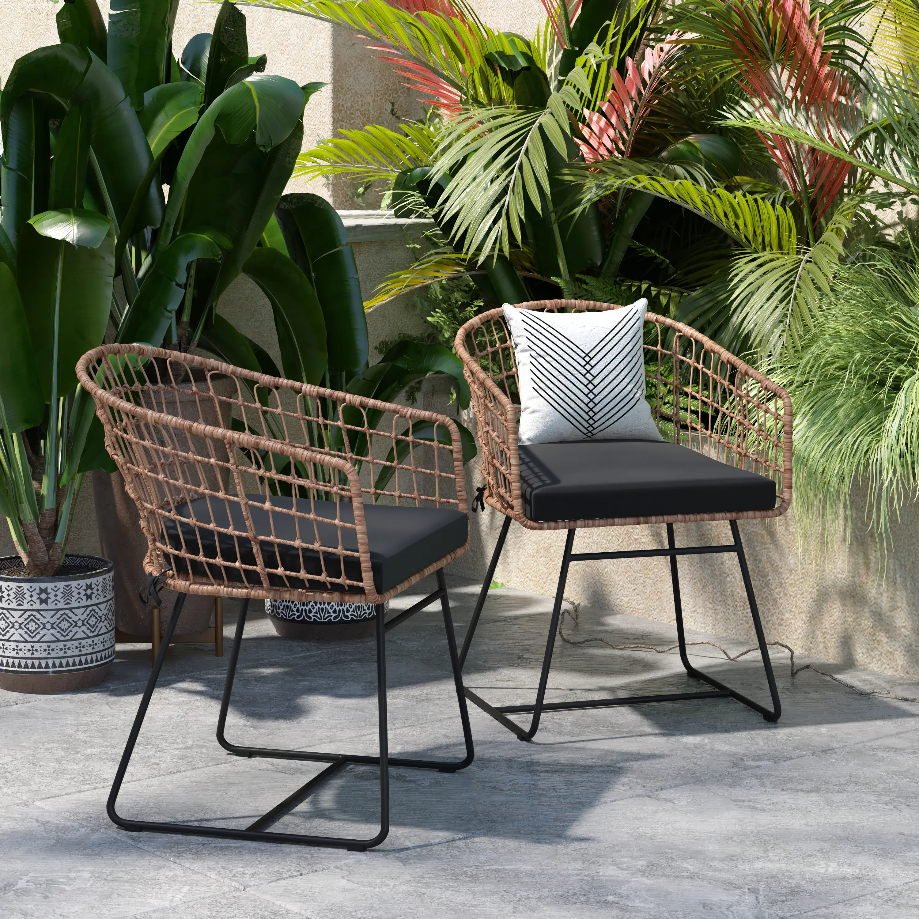 Alt View 5. Emma + Oliver - Ari Set of Two All-Weather Faux Rattan Rope Chairs with Padded Cushions for Indoor and Outdoor Use - Black Cushion/Natural Frame.