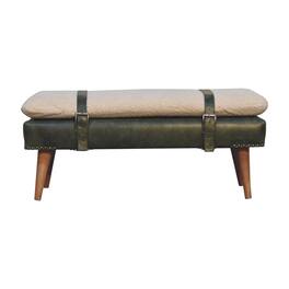 Artisan Furniture - Solid Wood Bouclé Buffalo Hide Olive Green Leather Bench, Upholstered - Green & Cream