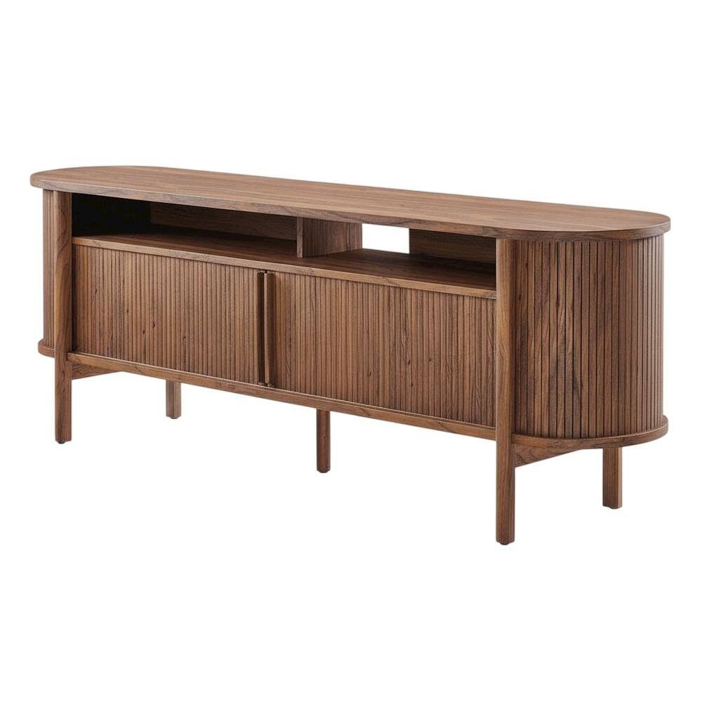 Front. FurniFact - Curved TV Stand in Brown, Rubberwood Solids, Walnut Veneers, Stylish Storage - Brown.