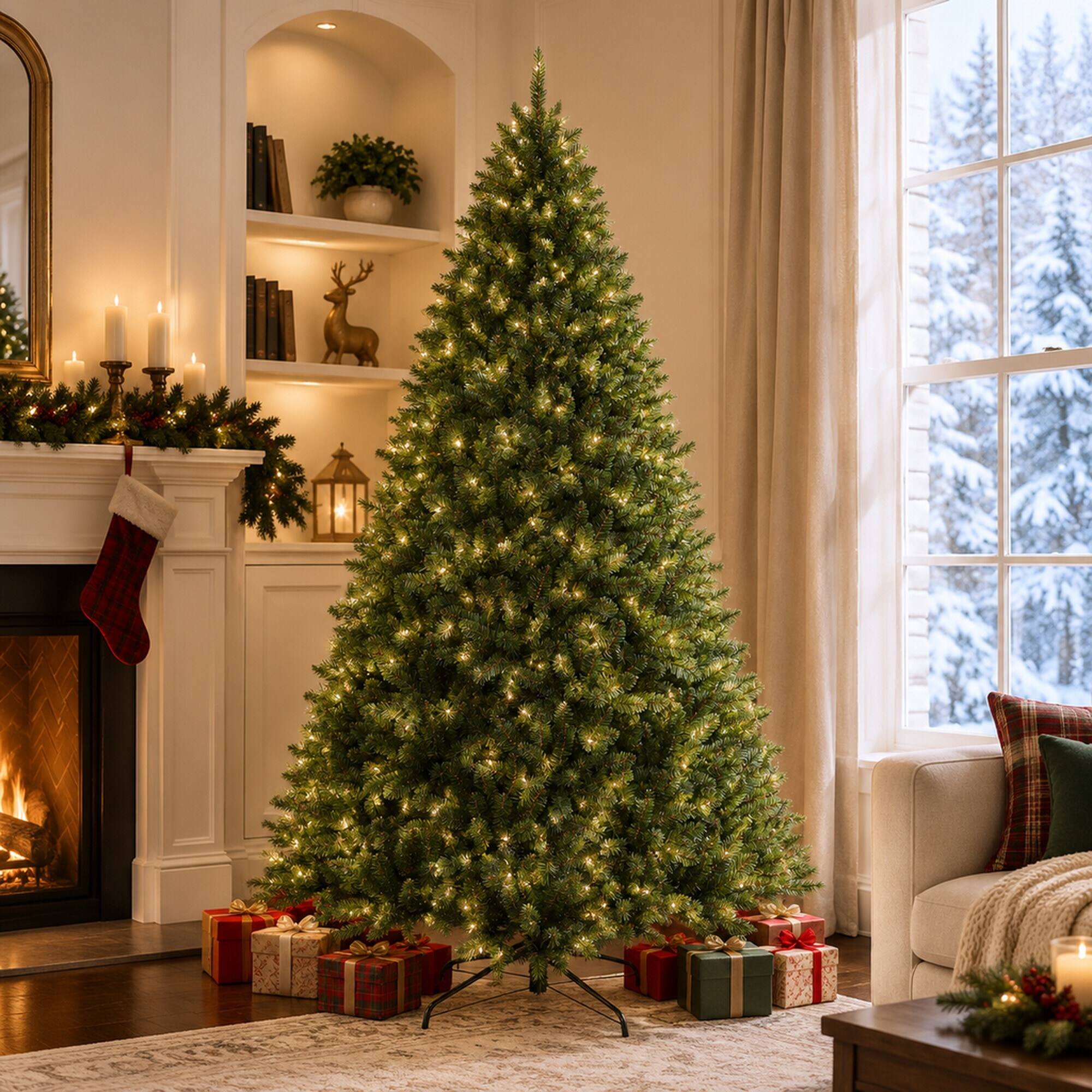 Left. RYHNUYNE - 7.5FT Artificial Christmas Tree With 2070 Tips and Metal Hinges, Green Foldable Base - Army Green.