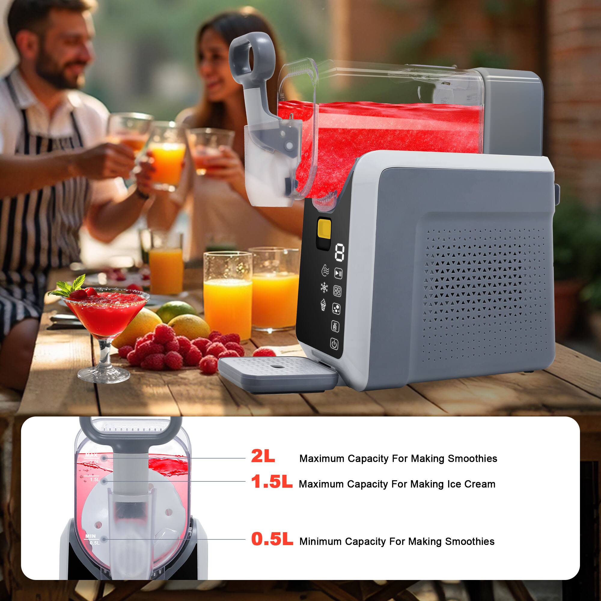 - Maximum Capacity For Making Smoothies: 2L
- Maximum Capacity For Making Ice Cream: 1.5L
- Minimum Capacity For Making Smoothies: 0.5L