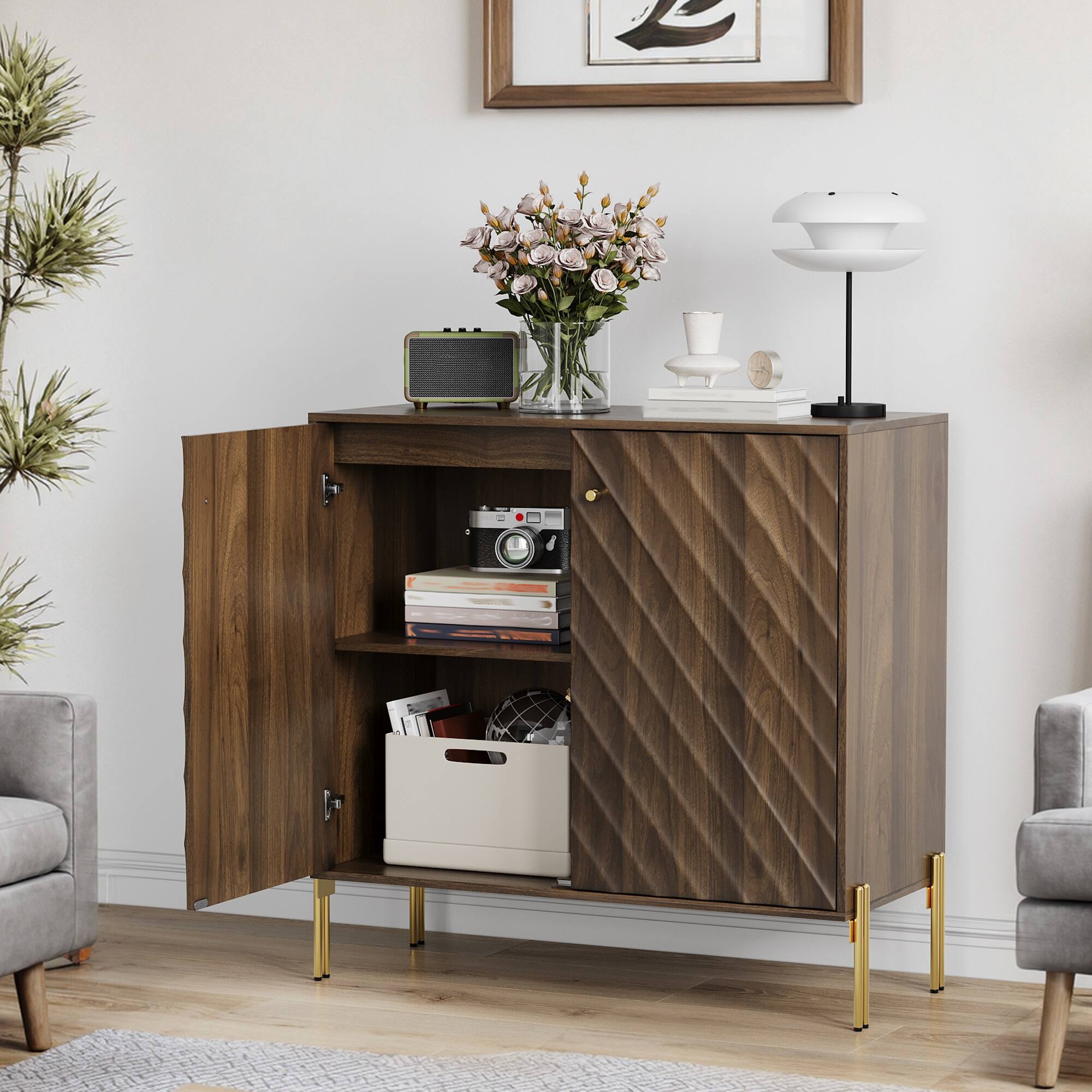 Angle. Spaco - Spaco Mid-Century Sideboard, Walnut Finish Buffet Cabinet with Adjustable Shelves, for Kitchen Dining Living Room - Walnut.