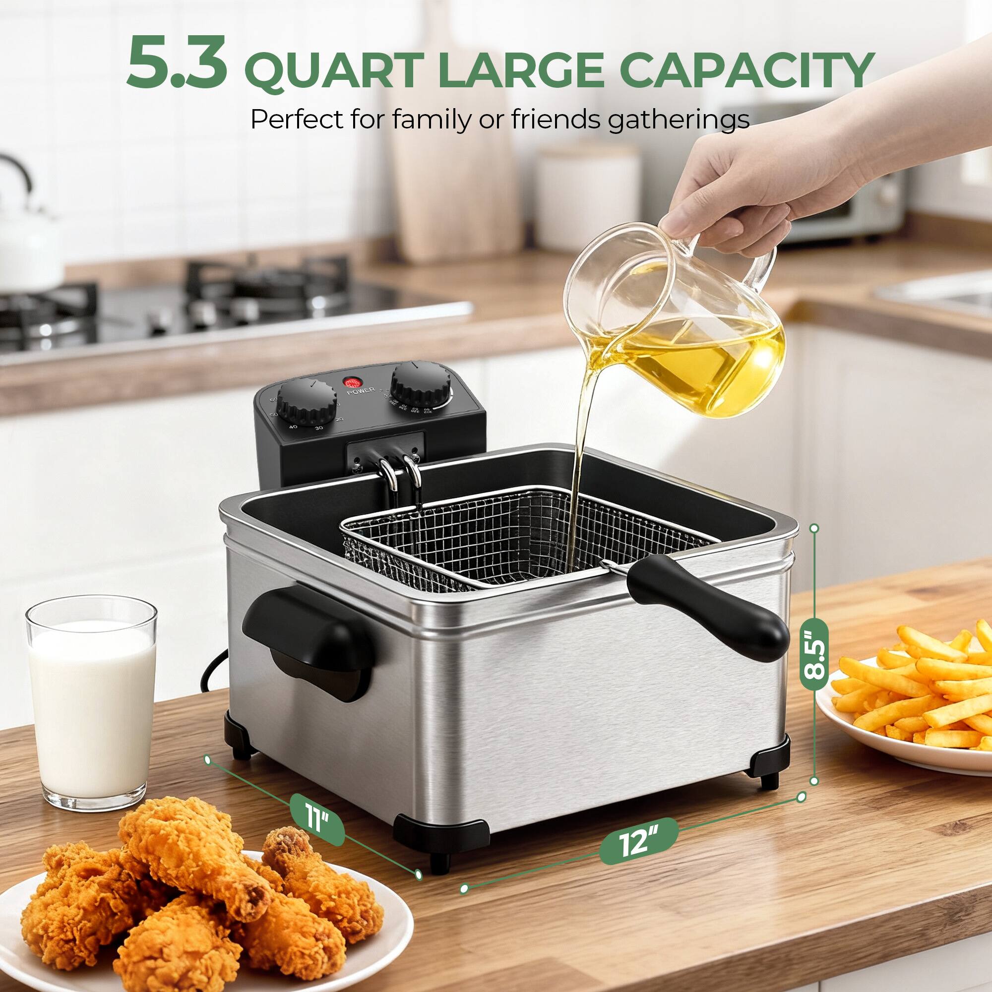 5.3 QUART LARGE CAPACITY  
Perfect for family or friends gatherings  

8.5"  
11"  
12"