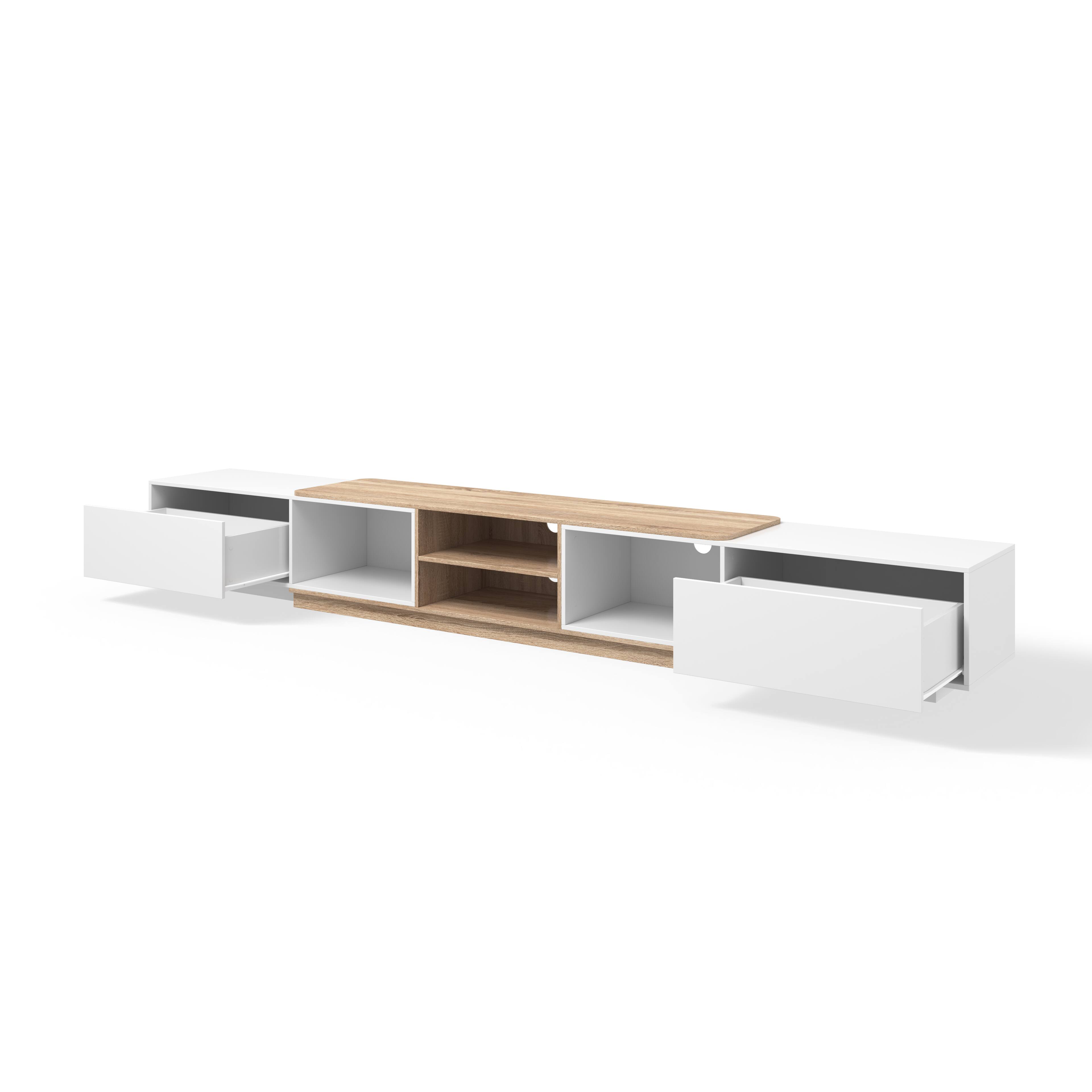 Alt View 6. Famapy - Extendable TV Stand, Modern Entertainment Center with Drawers, Open Shelves and Cable Management - White & Light Oak.