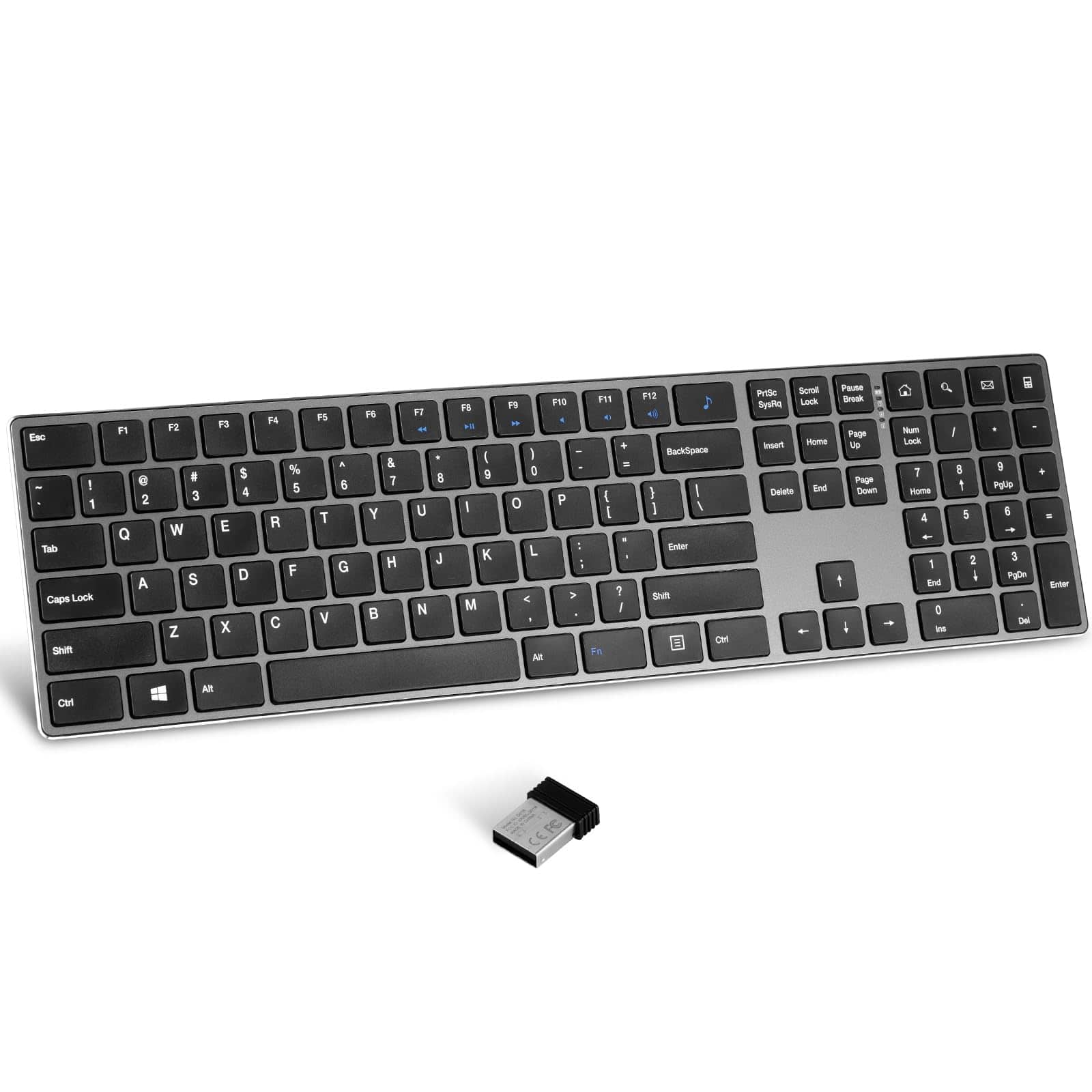 PO3TICJUNKI3 - Wireless Rechargeable Stainless Steel Ultra Slim Full Size With Numeric Keypad Low Profile Silent Cordless - Wireless Keyboard-Space Grey