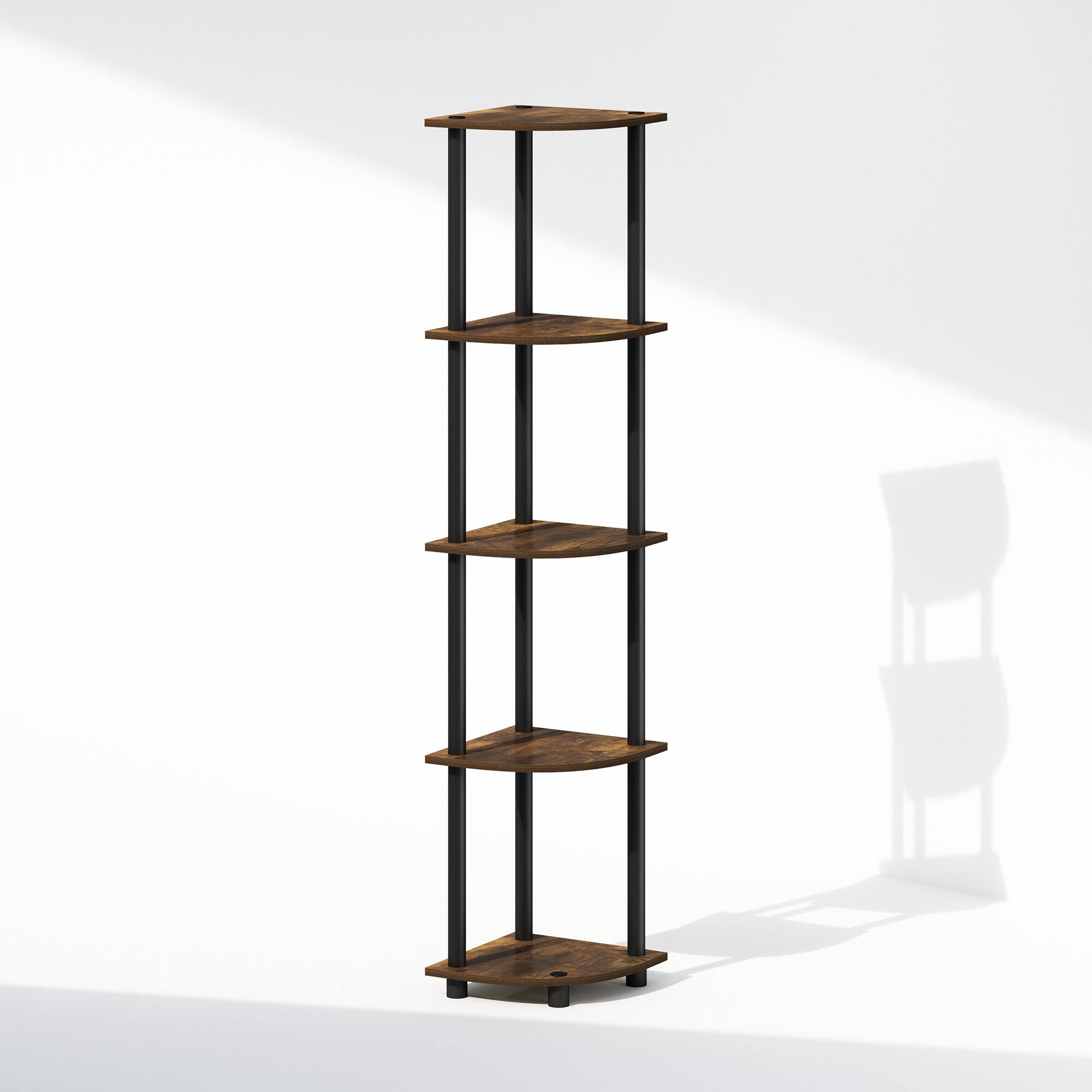 Alt View 4. Furinno - TURN-N-TUBE 5-Tier Corner Display Rack, Corner Shelf, Shelving Unit, for Organization and Storage - Amber Oak/Black.
