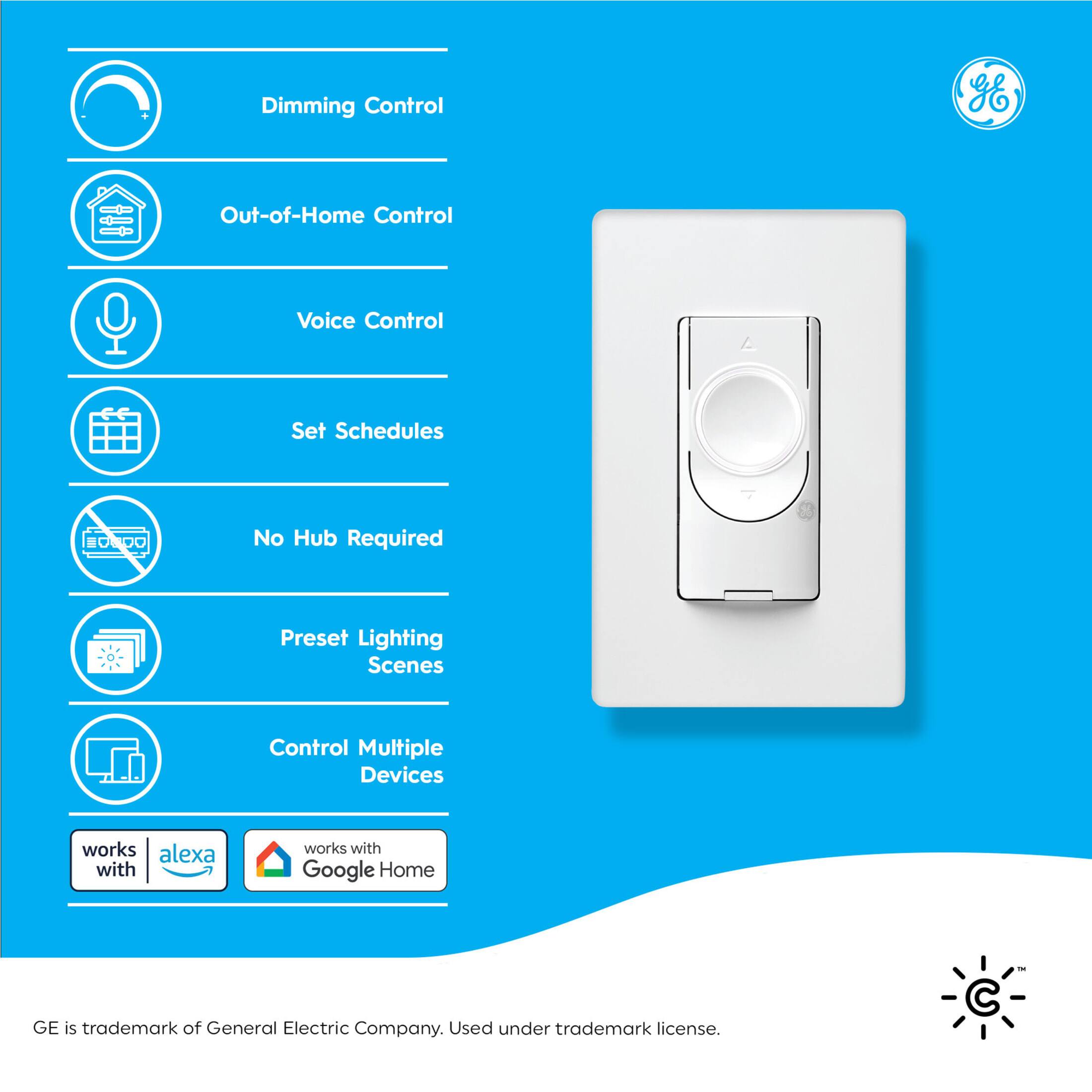 The text on the image can be grouped and corrected as follows:
Features:
* Dimming Control
* Out-of-Home Control
* Voice Control
* Set Schedules
* No Hub Required
* Preset Lighting Scenes
* Control Multiple Devices
* Works with Alexa
* Works with Google Home
Note: GE is a trademark of the General Electric Company. The image is used under trademark license.