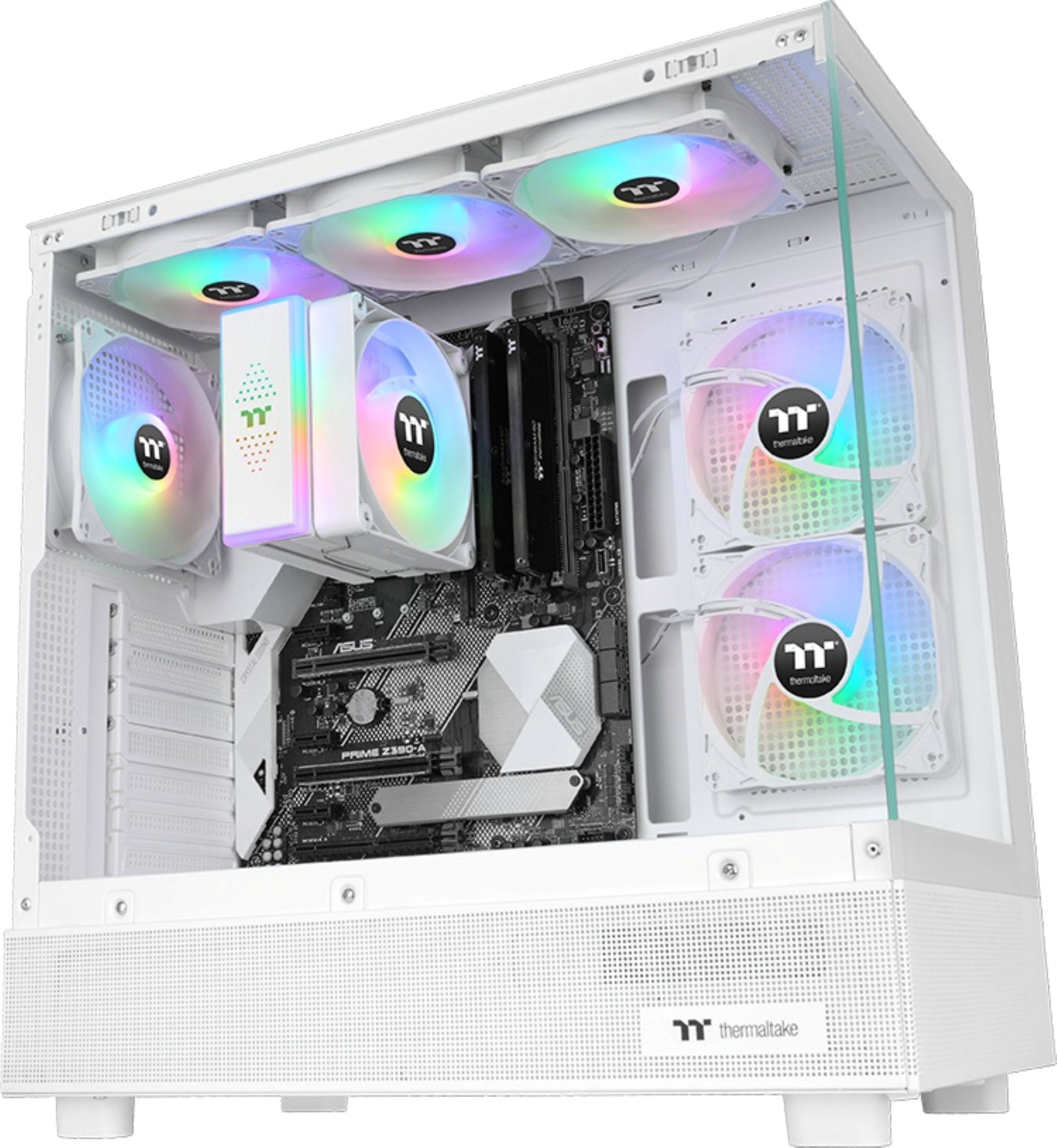 The image shows a computer case with a clear side panel, revealing the internal components. The case is filled with various fans and a cooling system, including a radiator and a CPU cooler. The fans are positioned in different areas of the case, with some located near the top and others near the bottom. The case also features a rainbow-colored design, adding a unique and visually appealing touch to the computer setup.