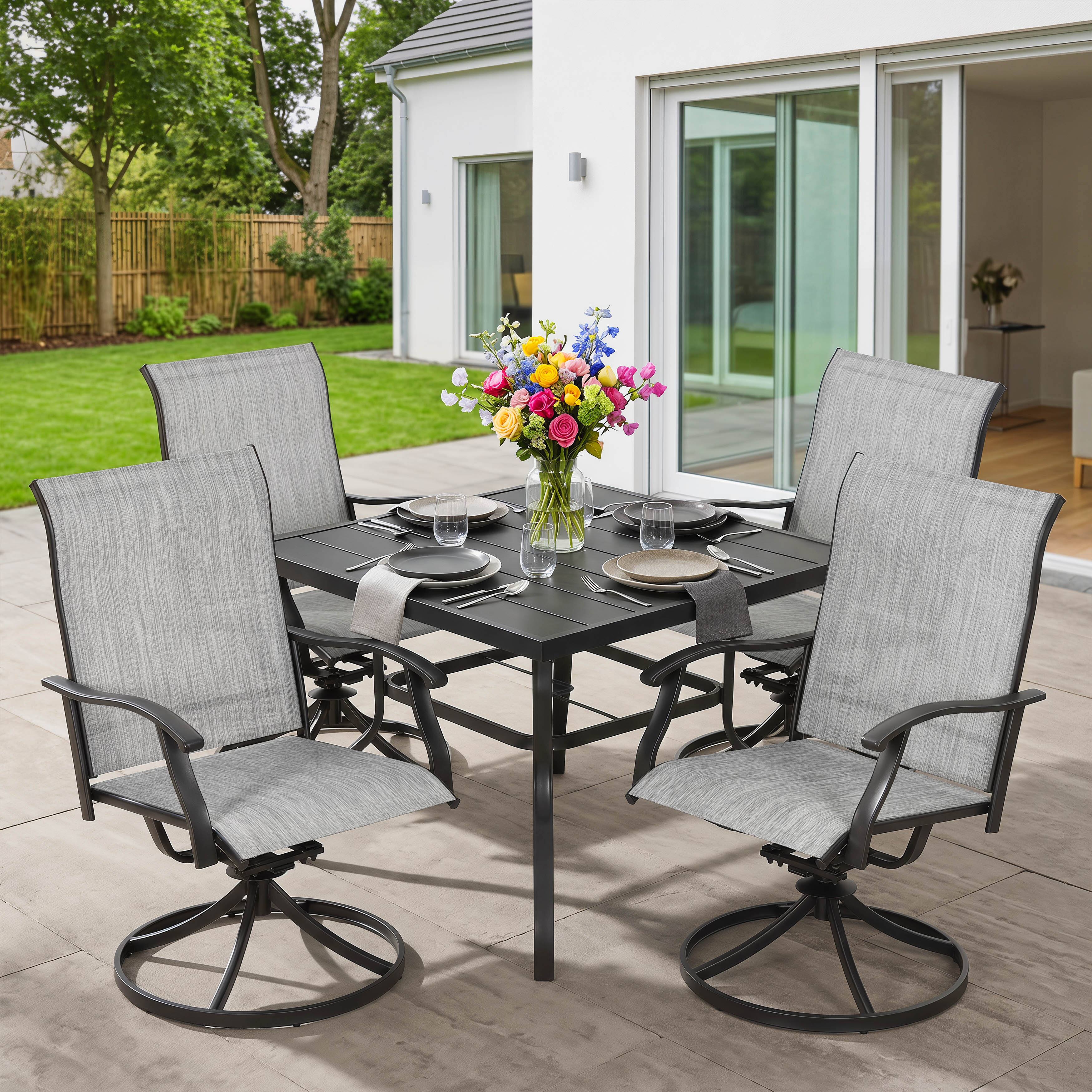 Angle. Nuu Garden - 5-Piece Patio Dining Set with Umbrella Hole, Textilene Swivel Chairs - Black and Gray.