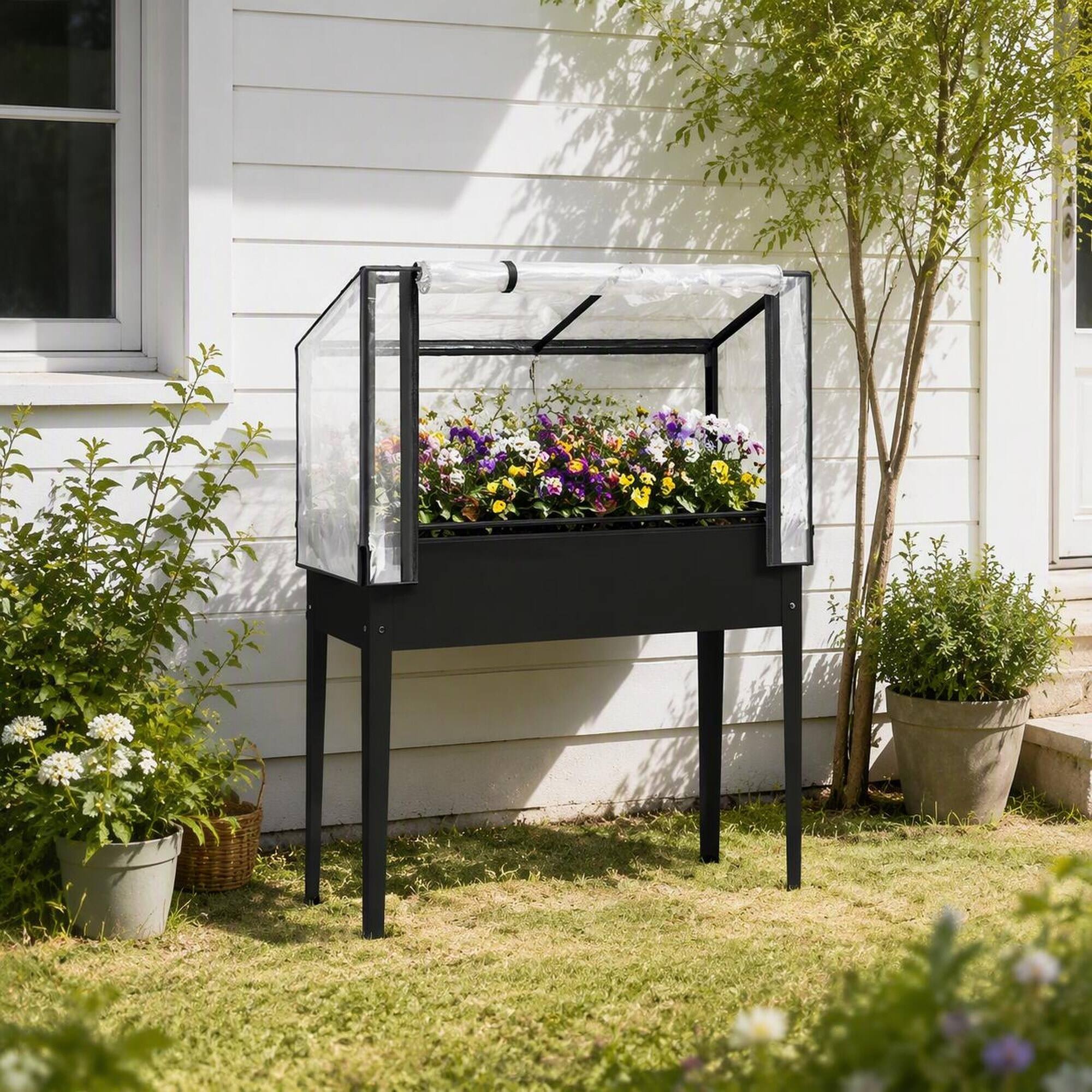 Angle. RYHNUYNE - Raised Garden Bed with Mini Greenhouse Cover, 26 Gallon Elevated Planter Box on Legs for Patio and Backyard, 39.4 - Black.