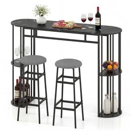 Gymax - 3 Pieces 60'' Bar Table Set for 2 w/ Faux Marble Tabletop & Storage Shelves - Black